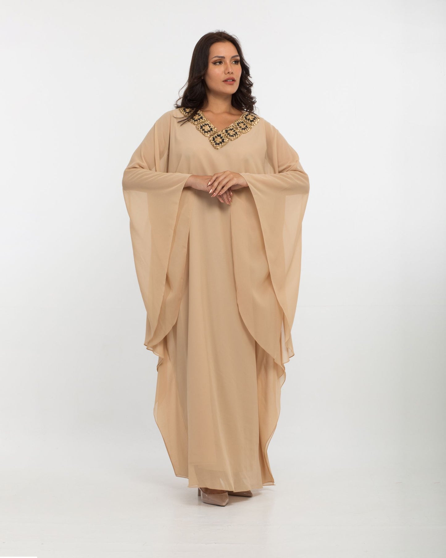 NOBLESSE - Silk Chiffon Batwing Kaftan with Handmade Crochet