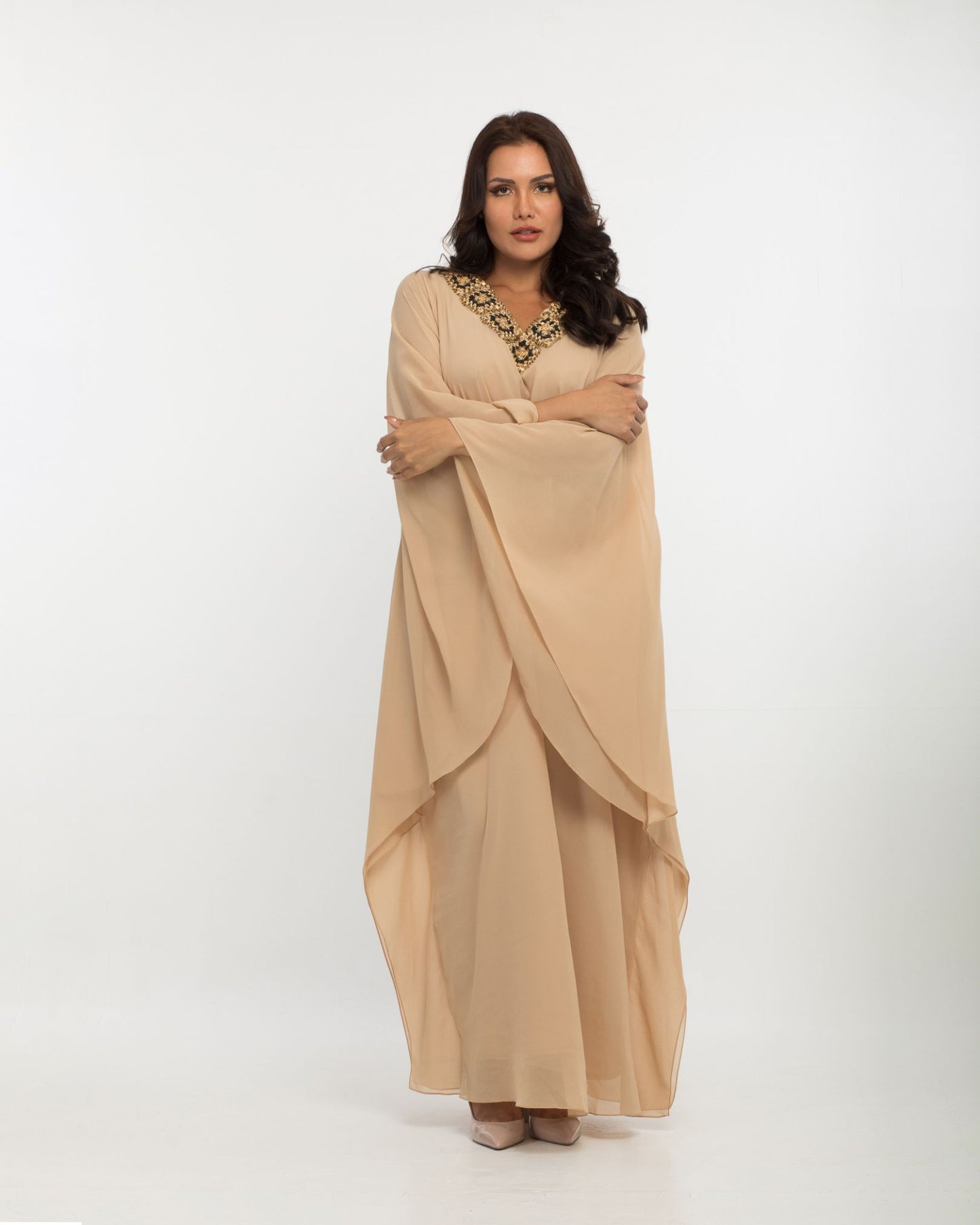 NOBLESSE - Silk Chiffon Batwing Kaftan with Handmade Crochet