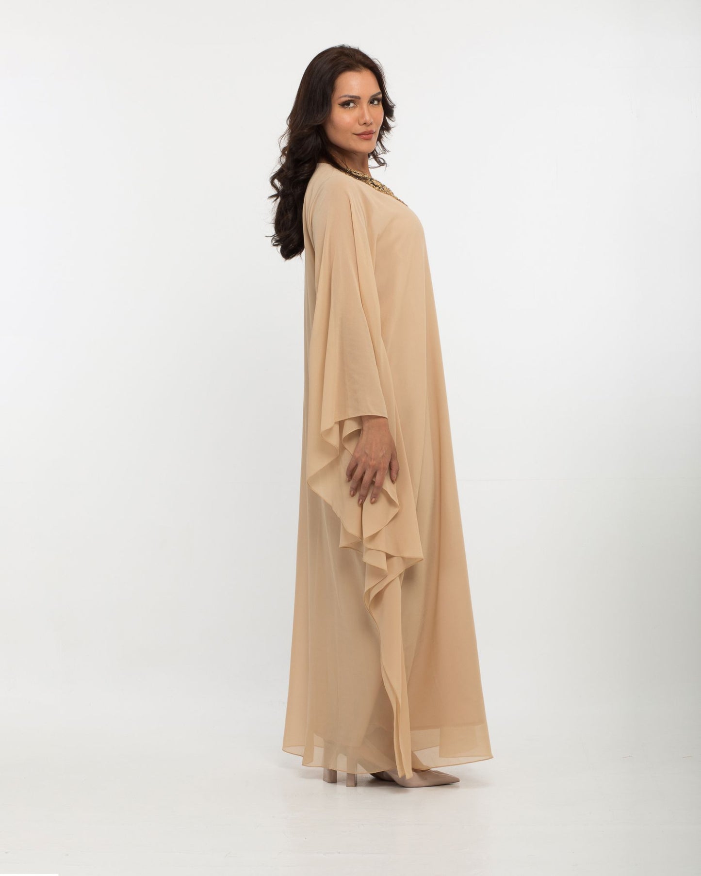 NOBLESSE - Silk Chiffon Batwing Kaftan with Handmade Crochet