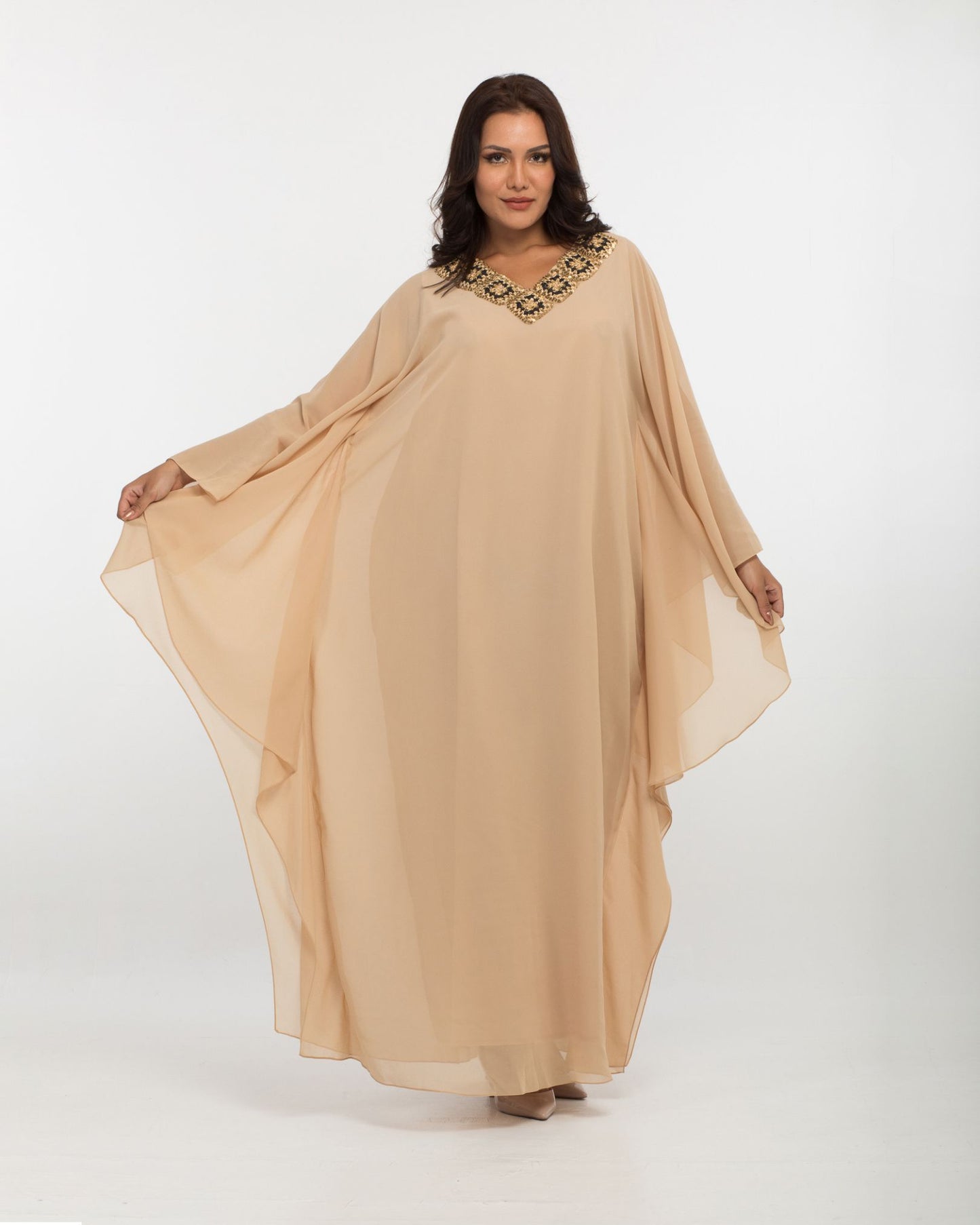 NOBLESSE - Silk Chiffon Batwing Kaftan with Handmade Crochet