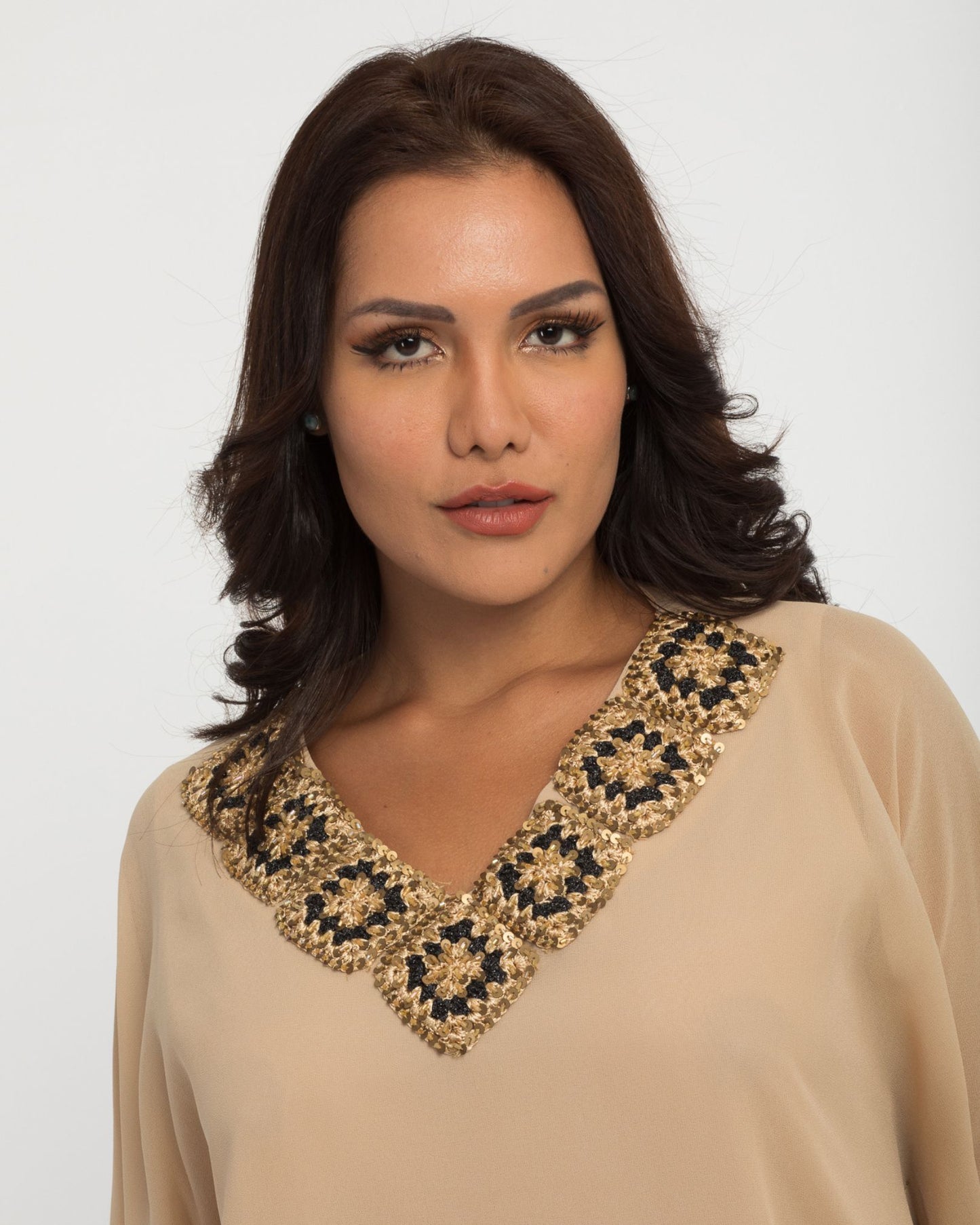 NOBLESSE - Silk Chiffon Batwing Kaftan with Handmade Crochet