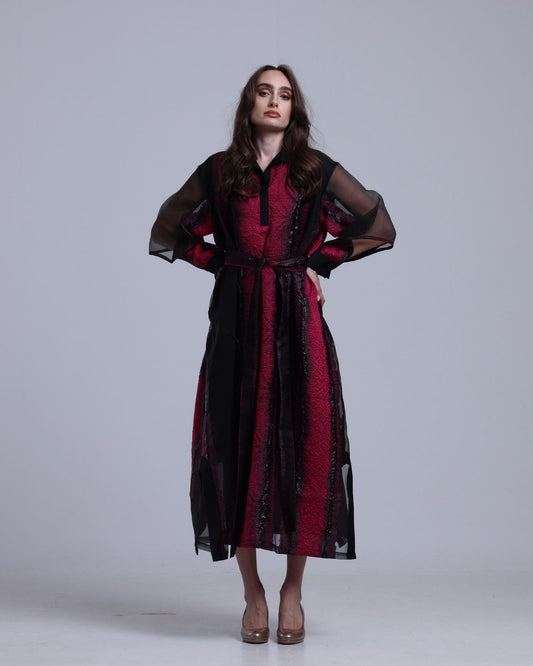 LA REINE - Black & Fuchsia Embossed Organza Midi Dress