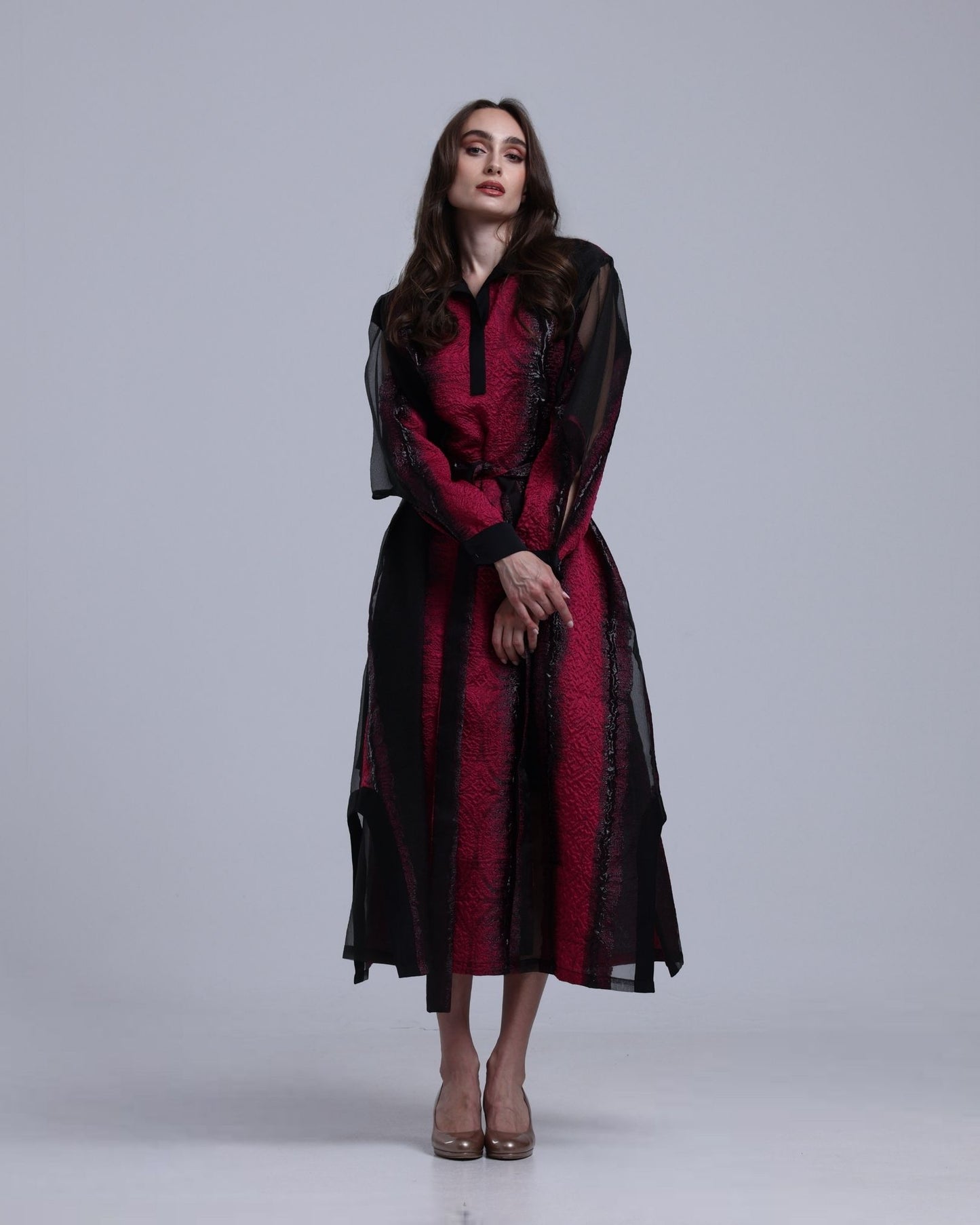 LA REINE - Black & Fuchsia Embossed Organza Midi Dress