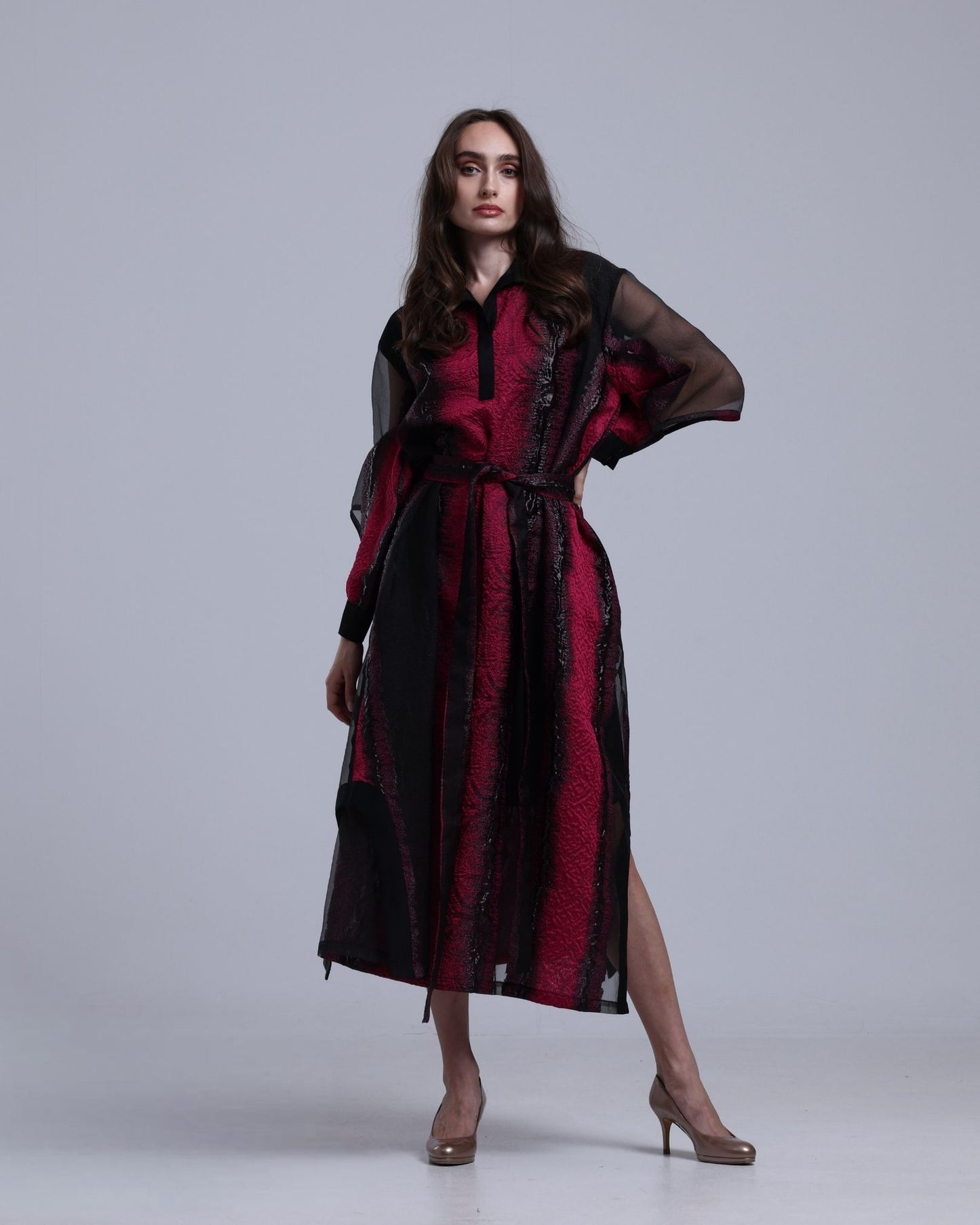 LA REINE - Black & Fuchsia Embossed Organza Midi Dress