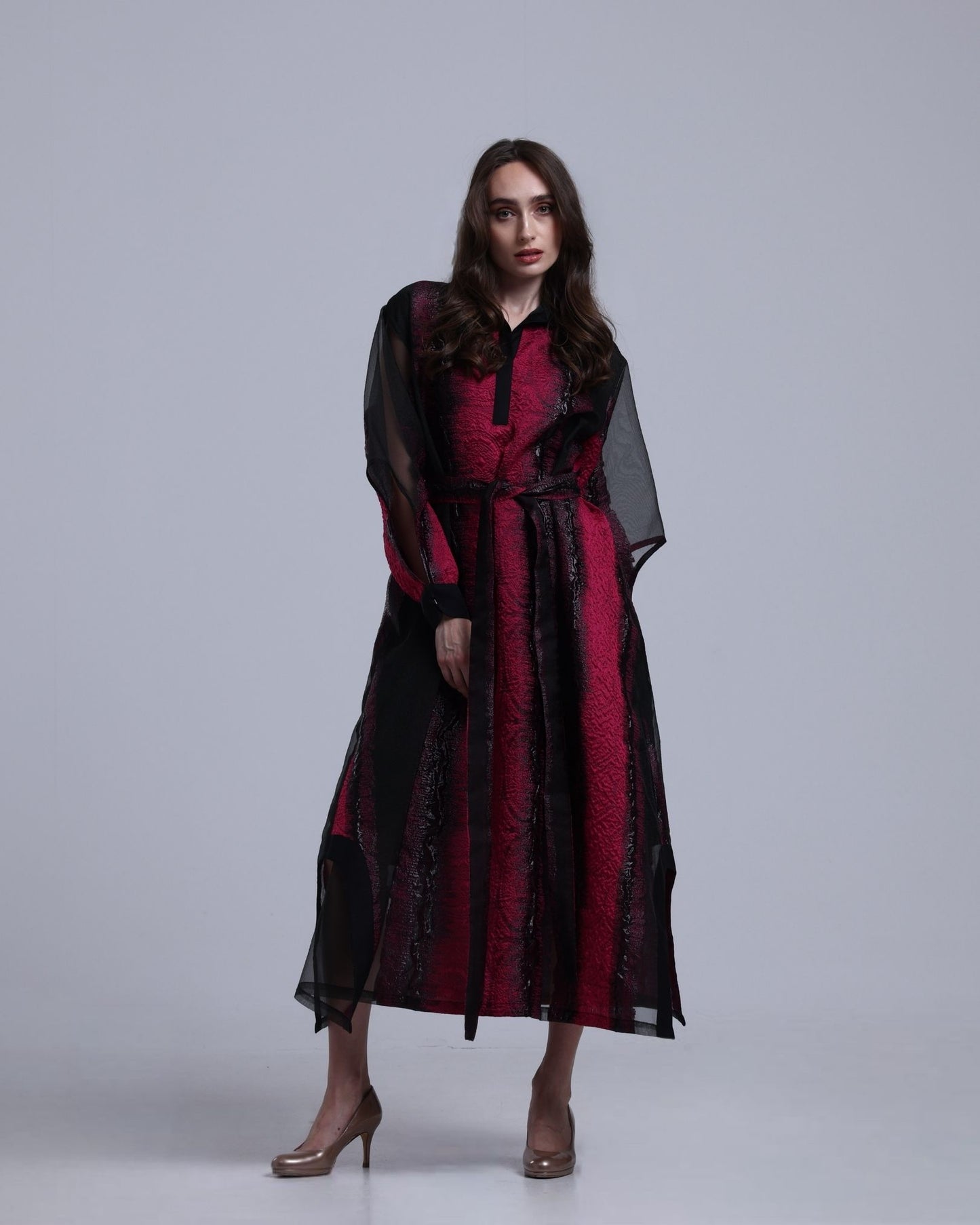 LA REINE - Black & Fuchsia Embossed Organza Midi Dress