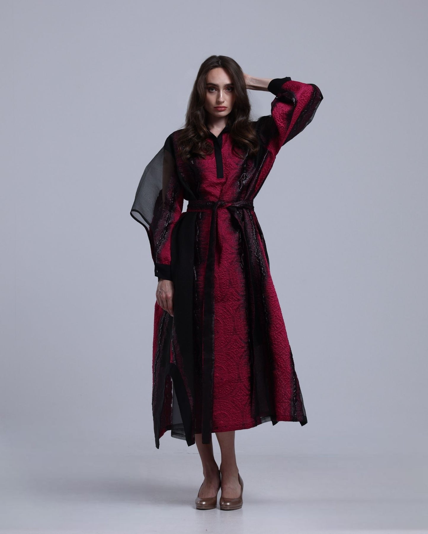 LA REINE - Black & Fuchsia Embossed Organza Midi Dress