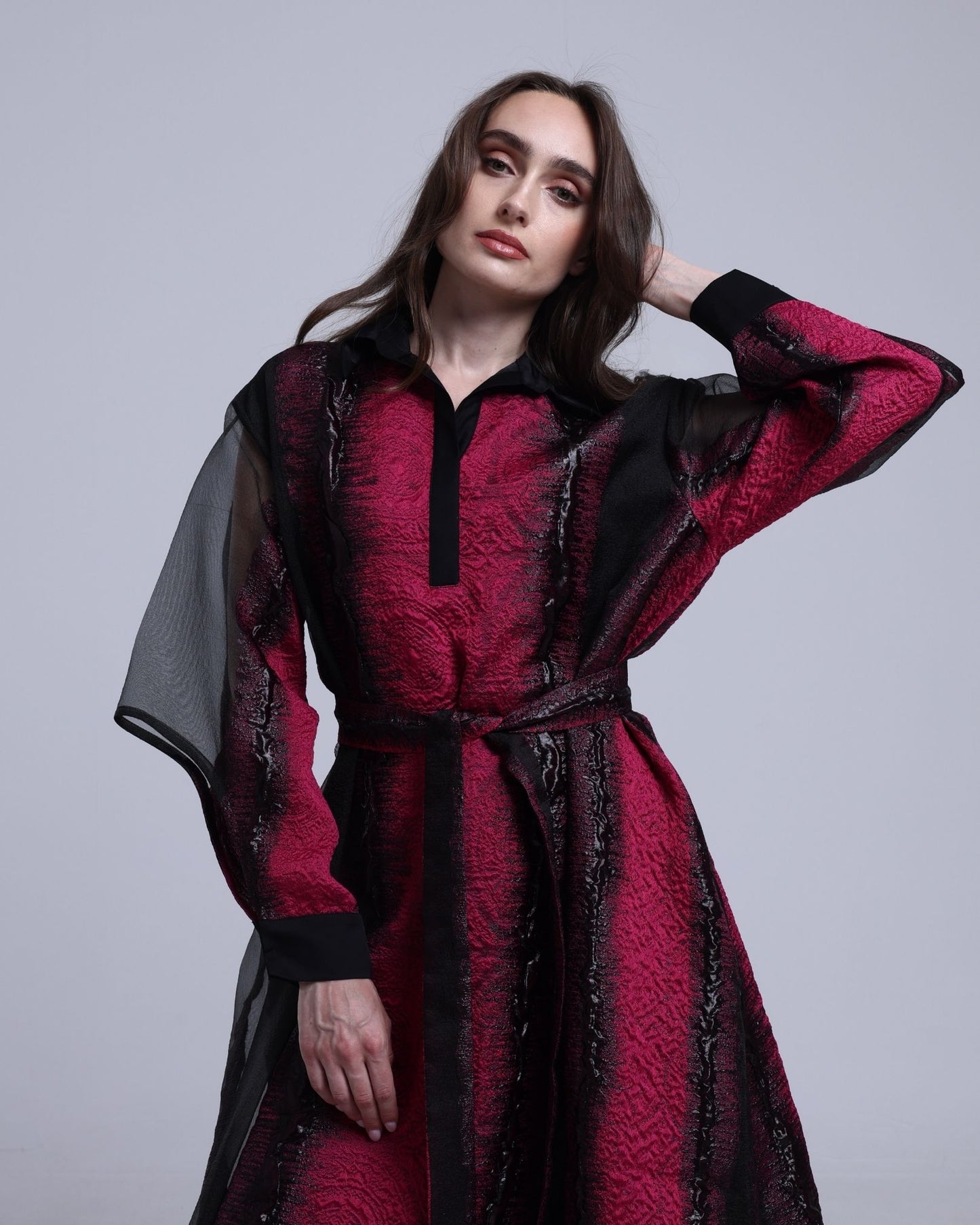 LA REINE - Black & Fuchsia Embossed Organza Midi Dress