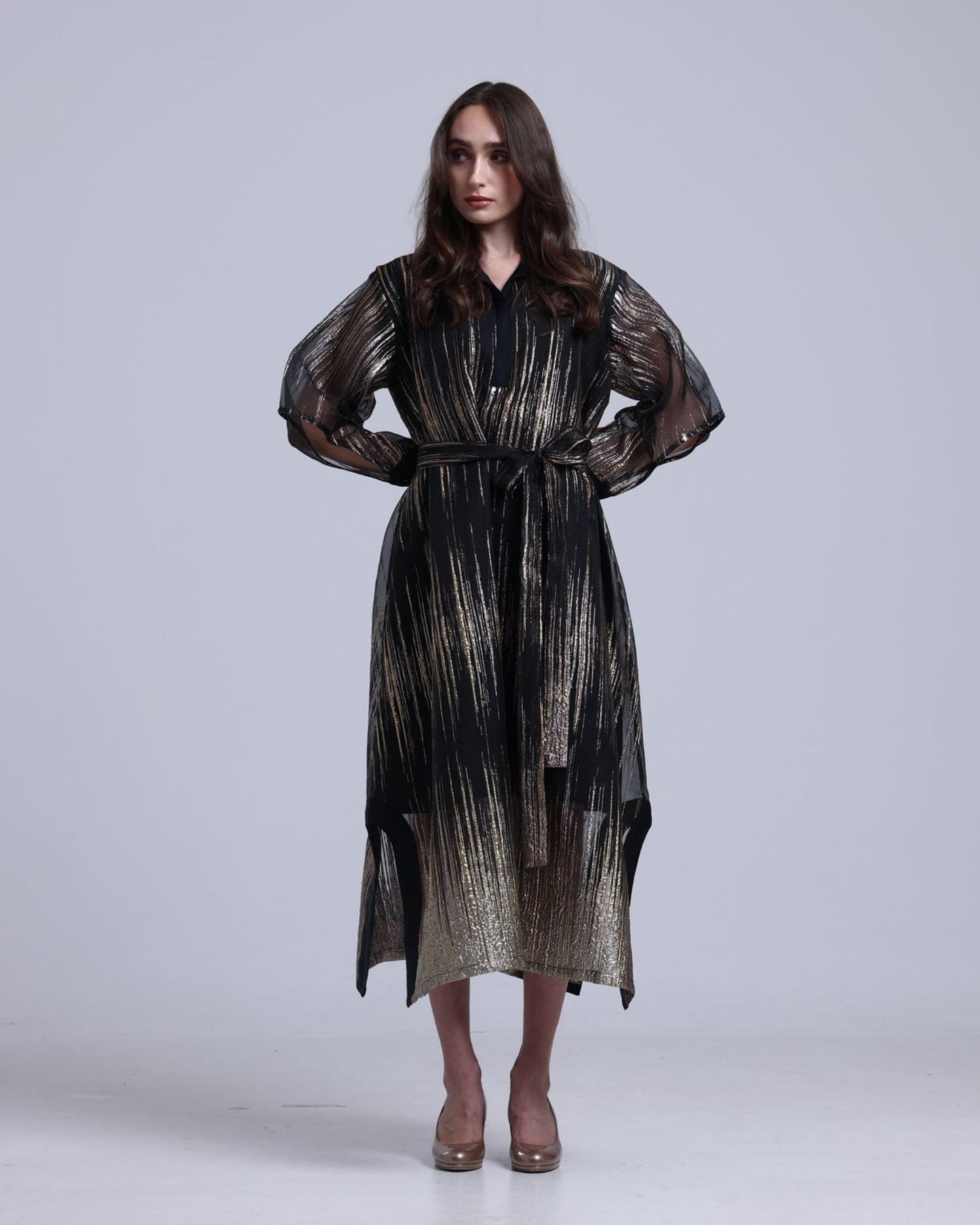 LA REINE - Black Midi Dress in Metallic Lamé Organza