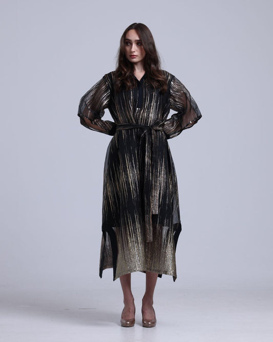 LA REINE - Black Midi Dress in Metallic Lamé Organza