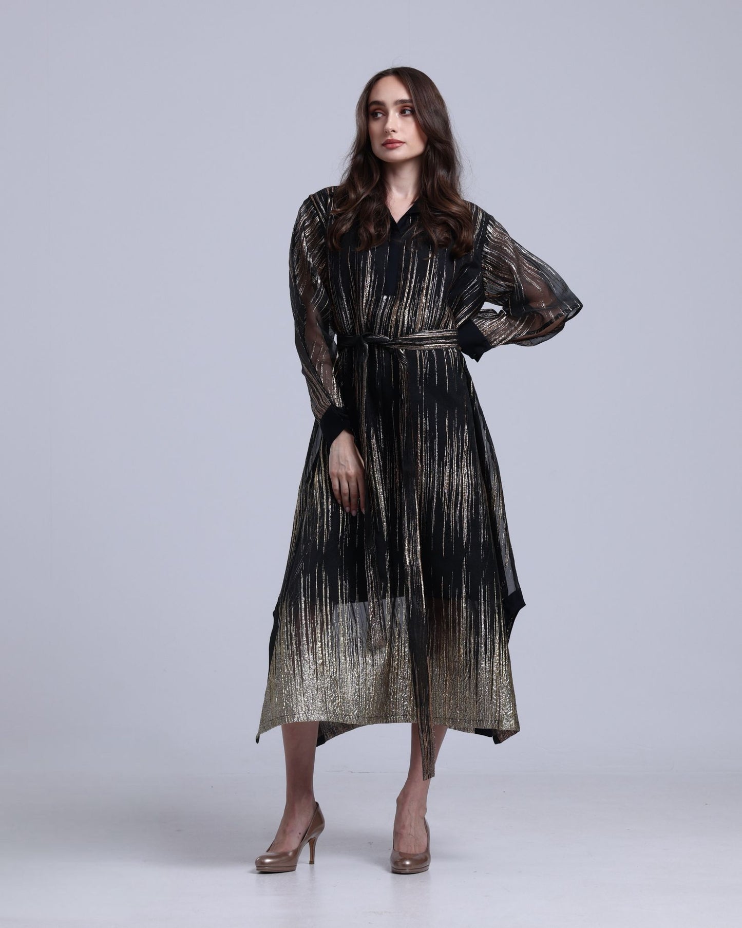 LA REINE - Black Midi Dress in Metallic Lamé Organza