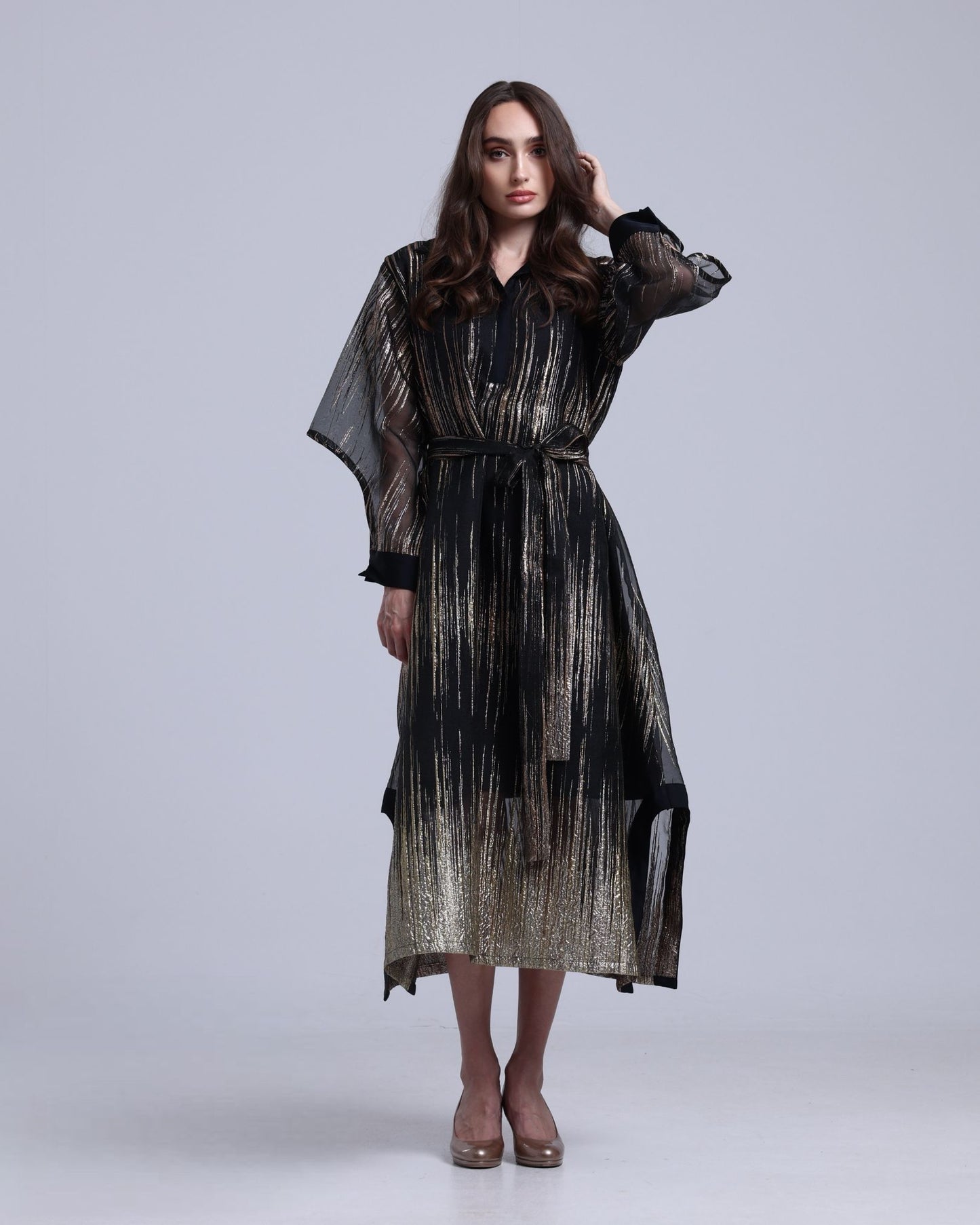 LA REINE - Black Midi Dress in Metallic Lamé Organza