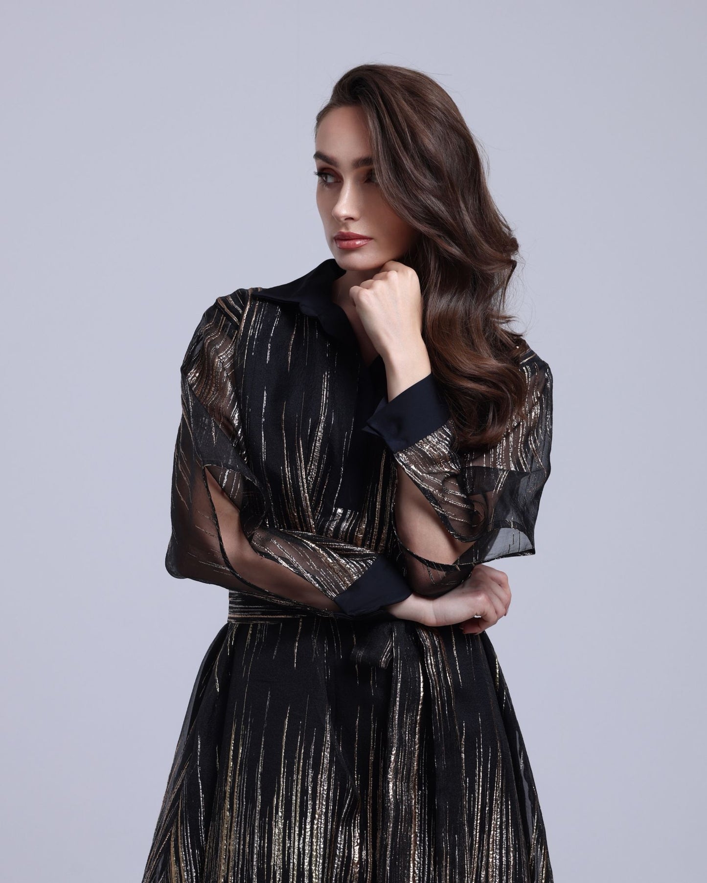 LA REINE - Black Midi Dress in Metallic Lamé Organza
