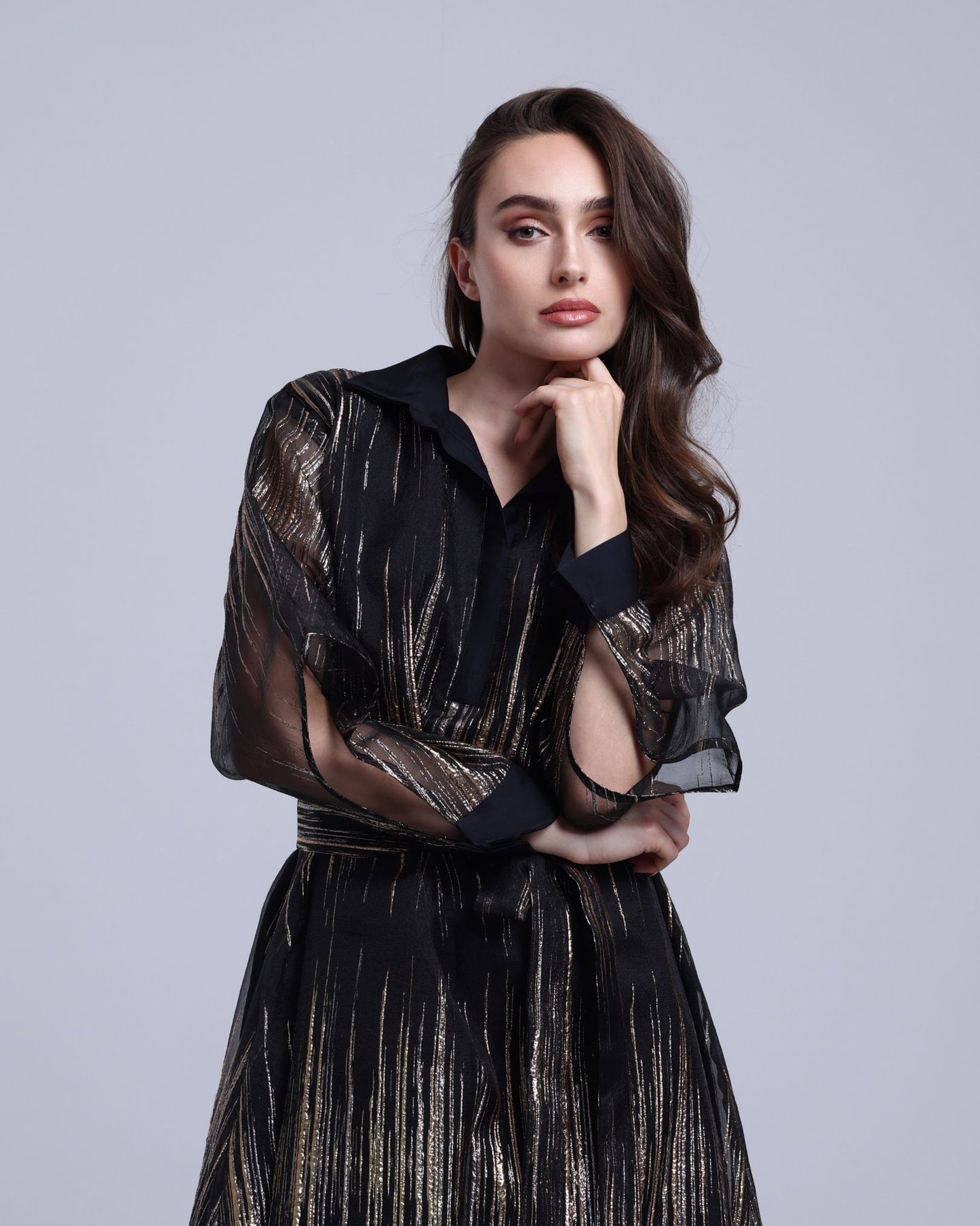 LA REINE - Black Midi Dress in Metallic Lamé Organza