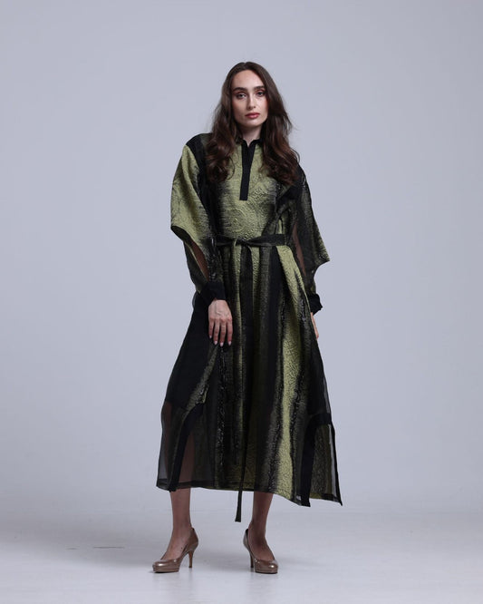 LA REINE - Black & Olive Embossed Organza Midi Dress