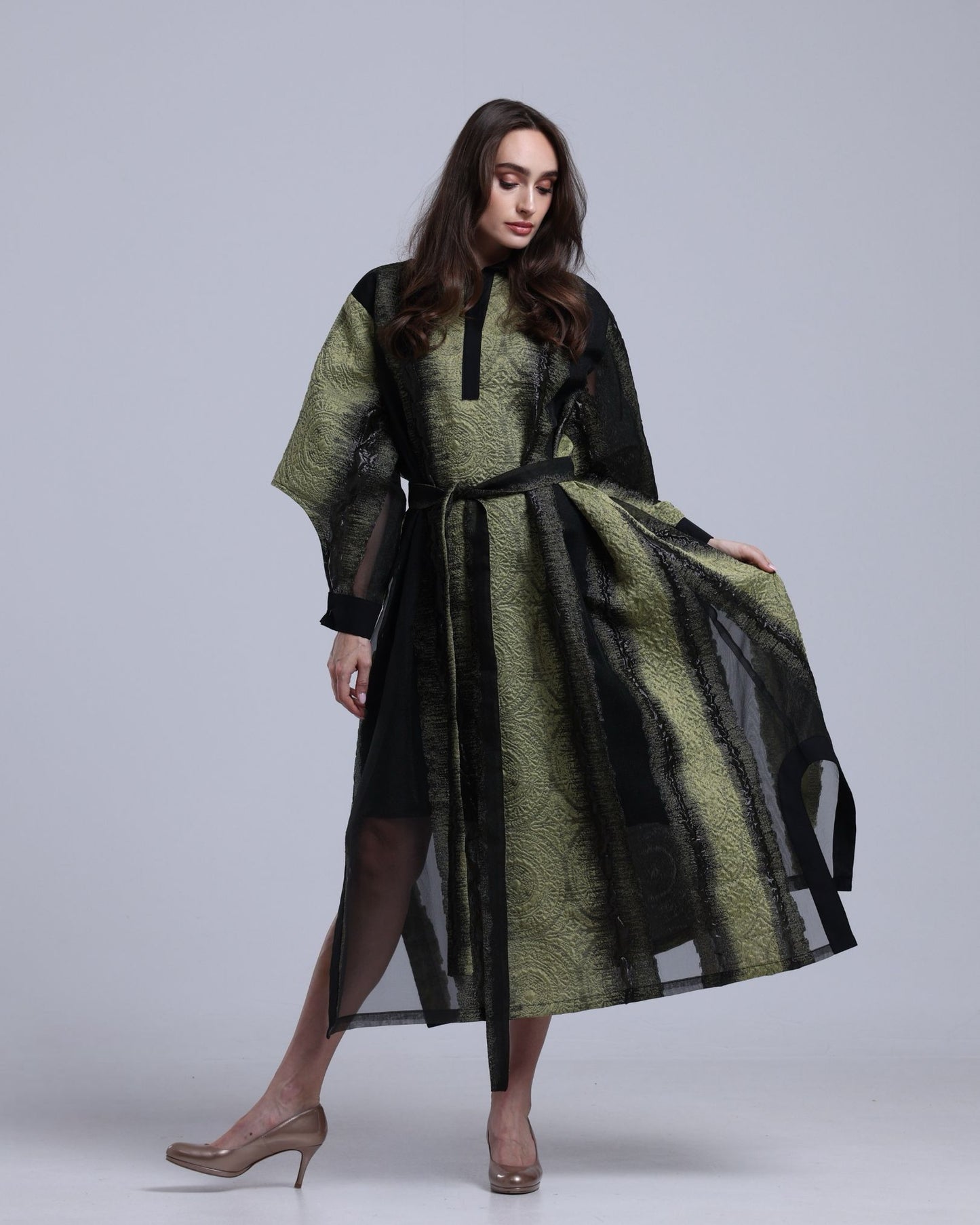 LA REINE - Black & Olive Embossed Organza Midi Dress