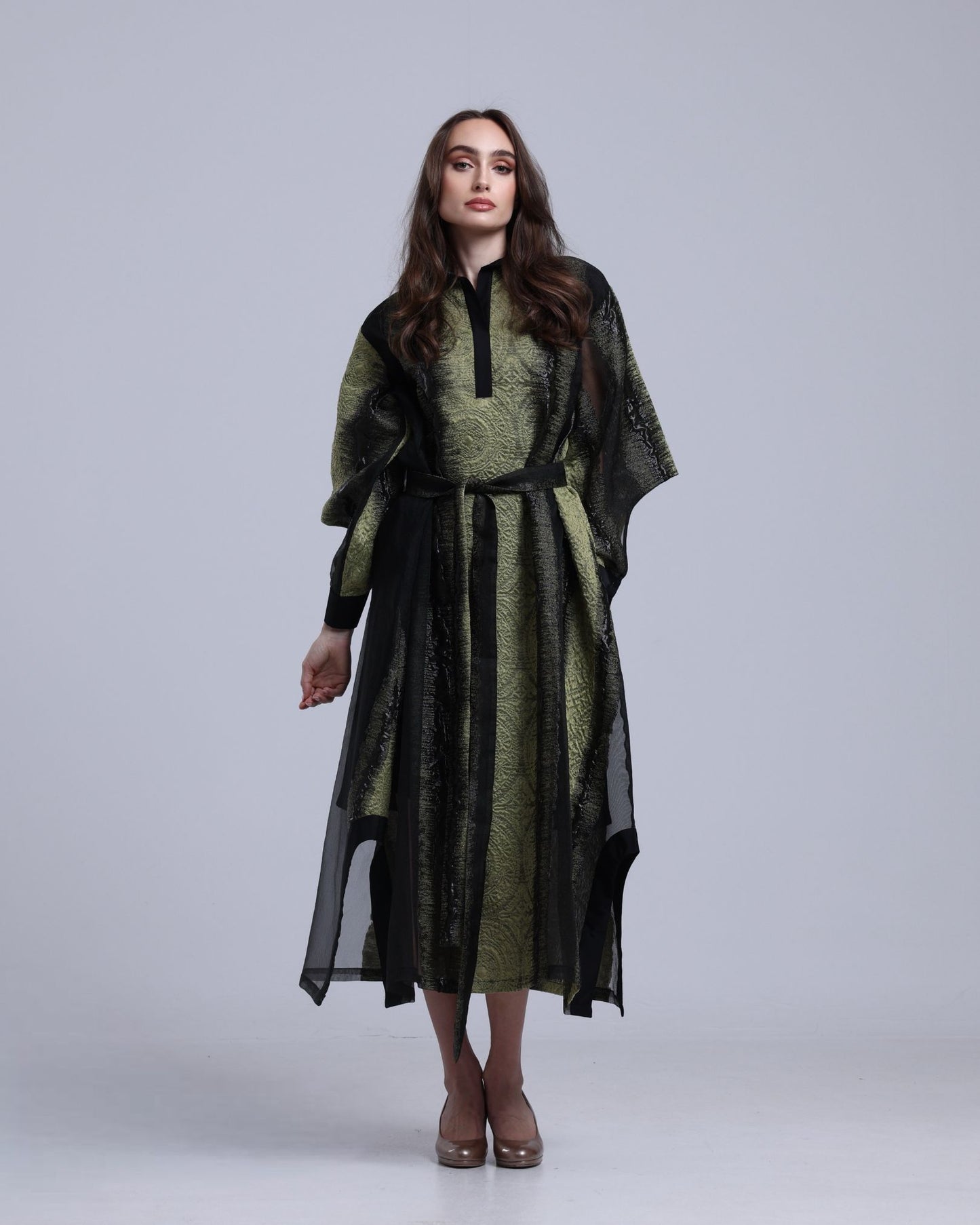 LA REINE - Black & Olive Embossed Organza Midi Dress