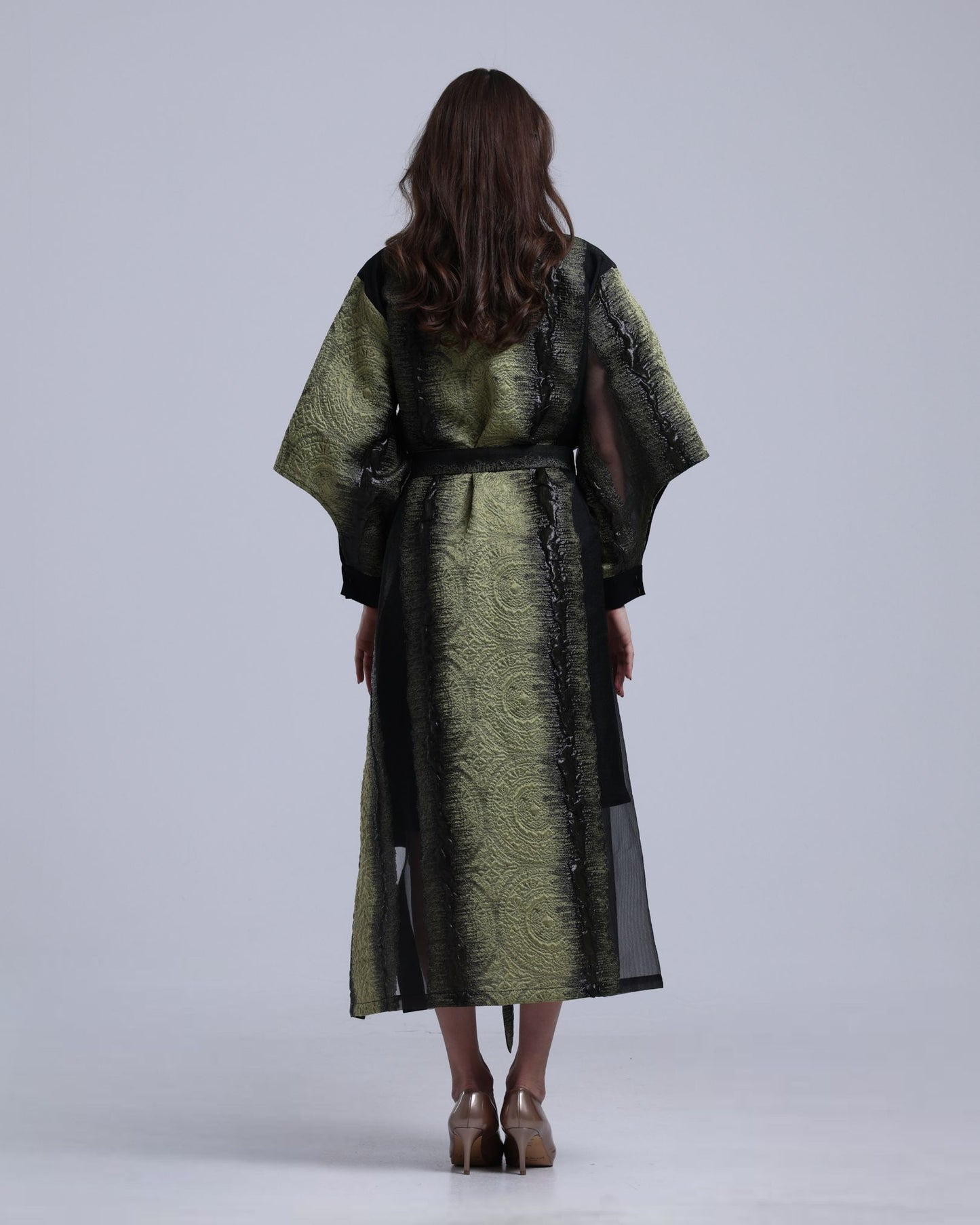 LA REINE - Black & Olive Embossed Organza Midi Dress