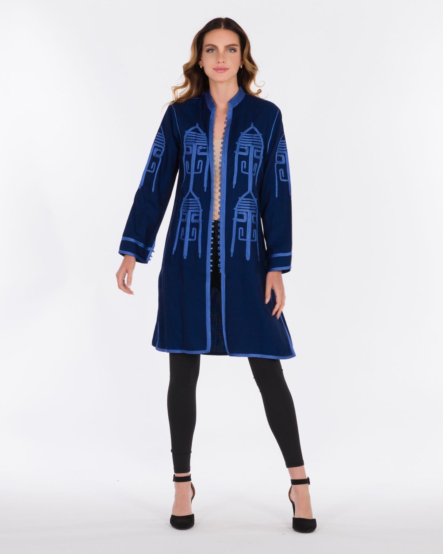 YARAKECH - Blue Long-Line Jacket with Moroccan Sfifa Embroidery