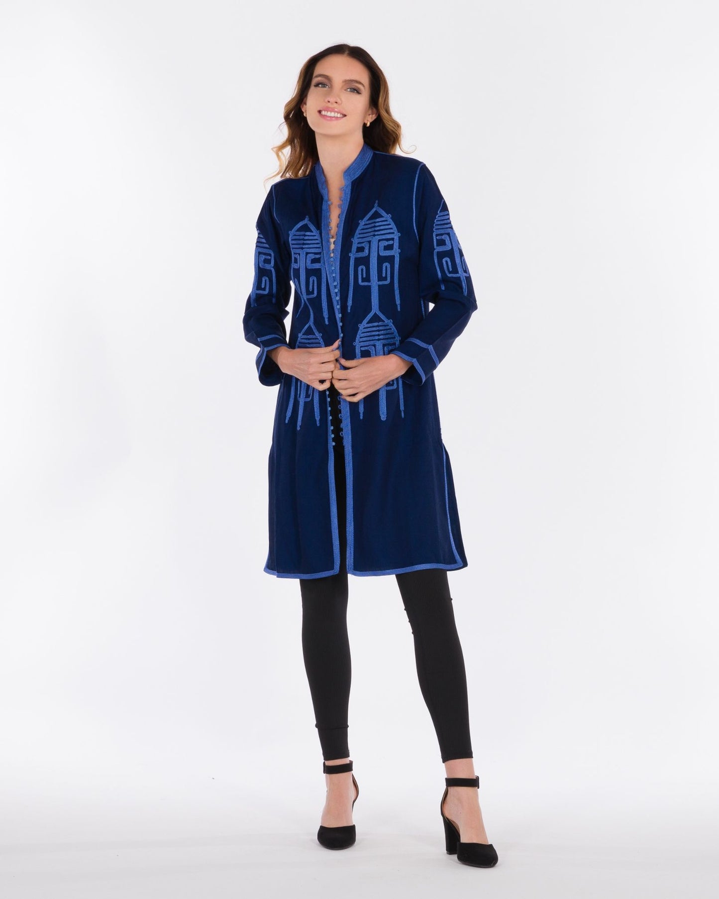 YARAKECH - Blue Long-Line Jacket with Moroccan Sfifa Embroidery