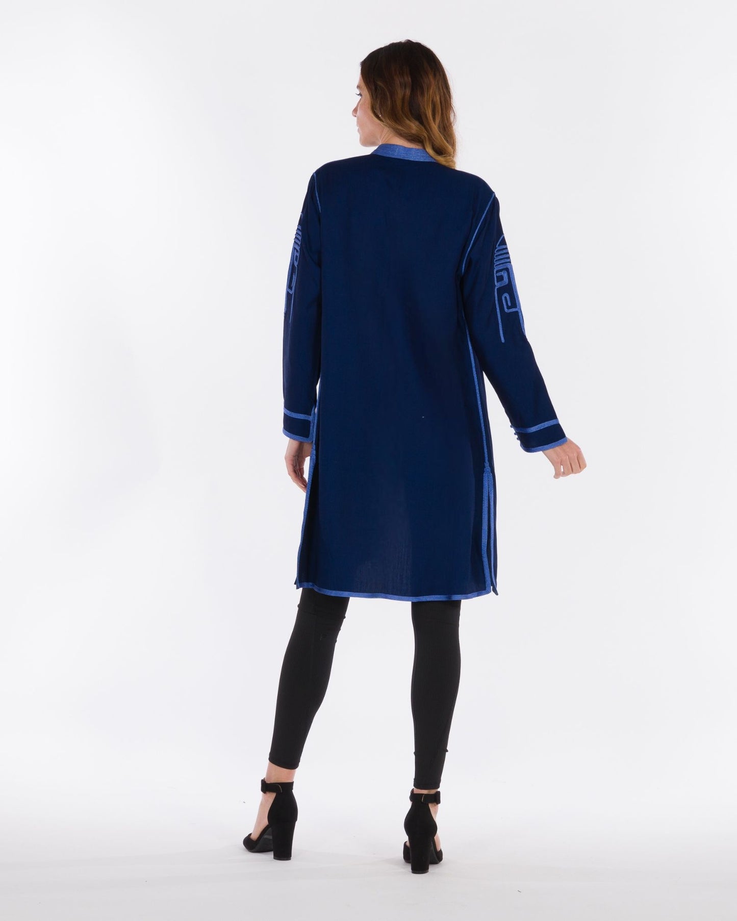 YARAKECH - Blue Long-Line Jacket with Moroccan Sfifa Embroidery