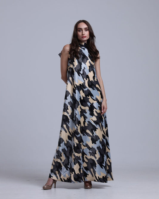LA REINE - Camouflage Satin Halterneck Maxi Dress