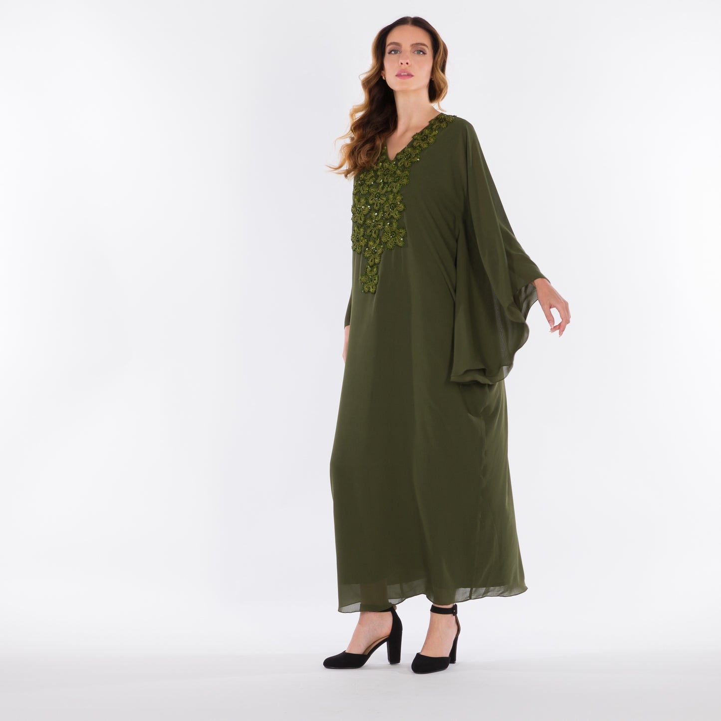 NOBLESSE - Silk Chiffon Batwing Kaftan with Handmade Crochet