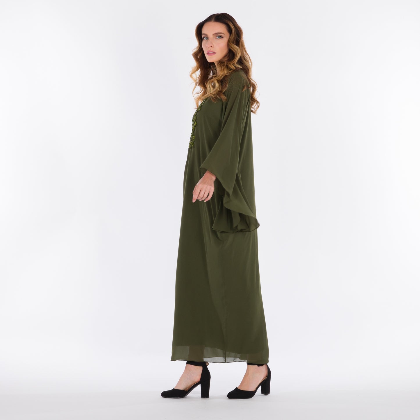 NOBLESSE - Silk Chiffon Batwing Kaftan with Handmade Crochet