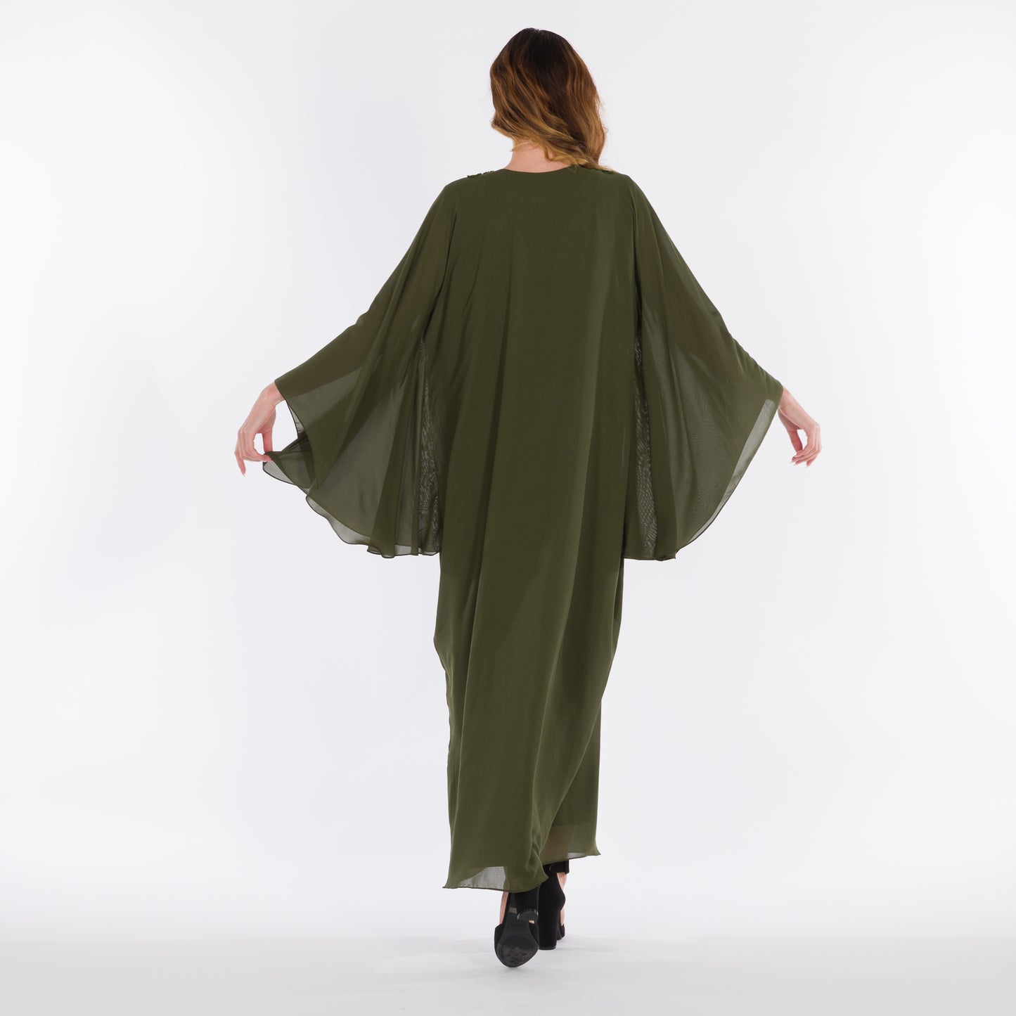 NOBLESSE - Silk Chiffon Batwing Kaftan with Handmade Crochet