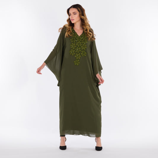 NOBLESSE - Silk Chiffon Batwing Kaftan with Handmade Crochet