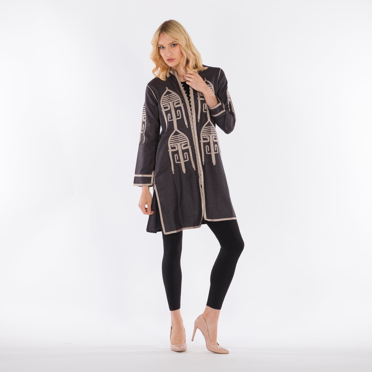 YARAKECH - Grey Long-Line Jacket with Moroccan Sfifa Embroidery
