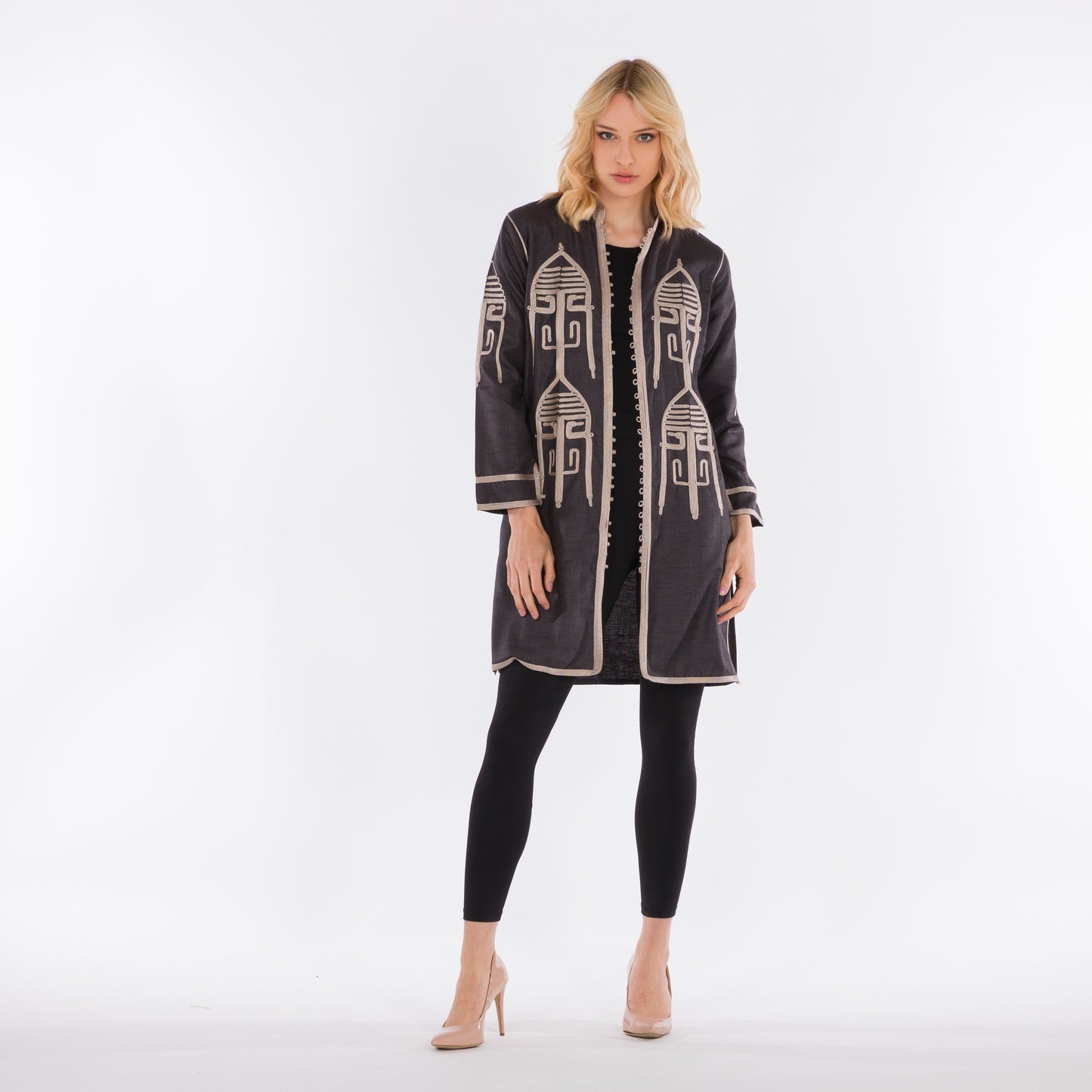 YARAKECH - Grey Long-Line Jacket with Moroccan Sfifa Embroidery