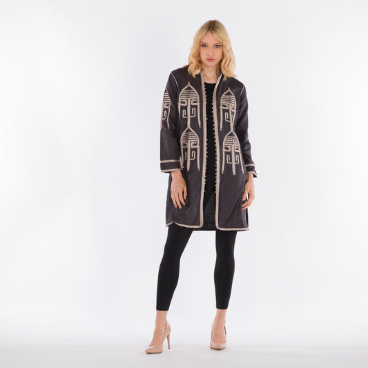 YARAKECH - Grey Long-Line Jacket with Moroccan Sfifa Embroidery
