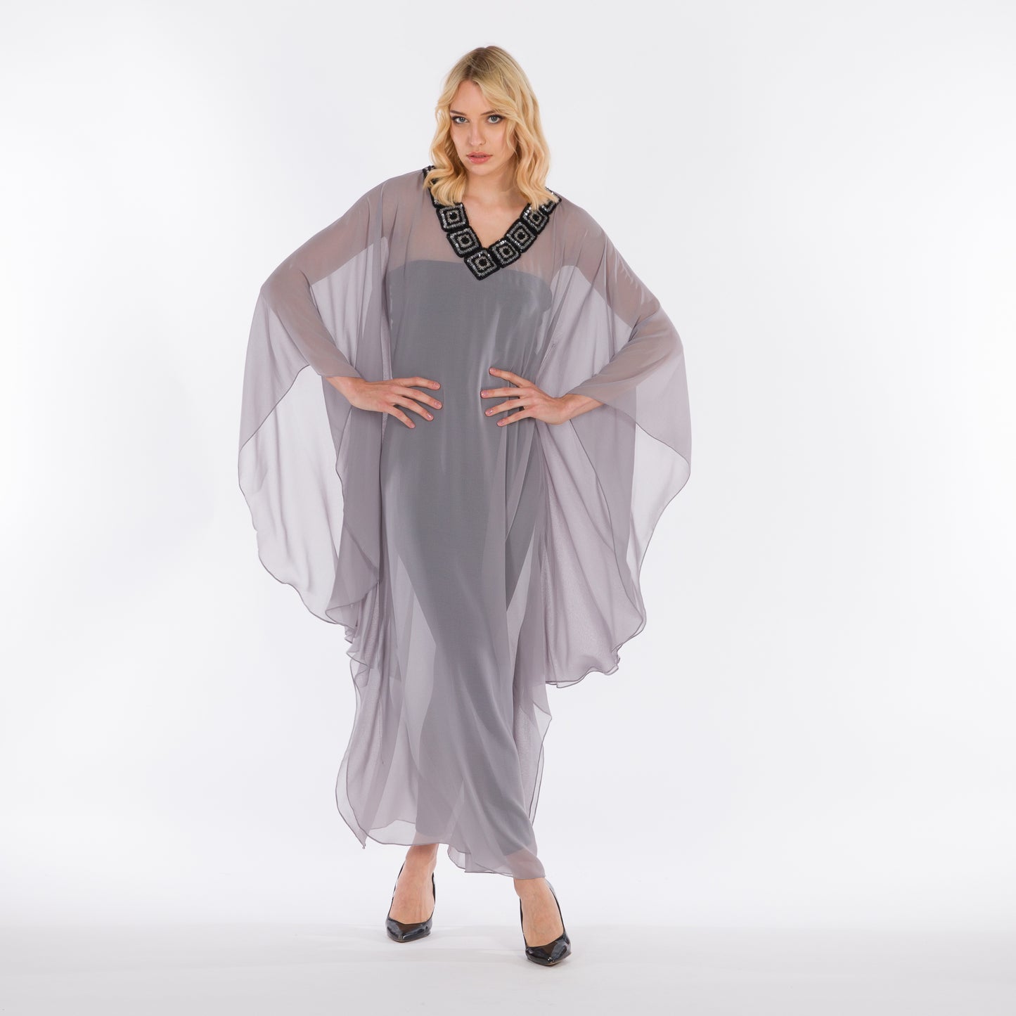 NOBLESSE - Silk Chiffon Batwing Kaftan with Handmade Crochet