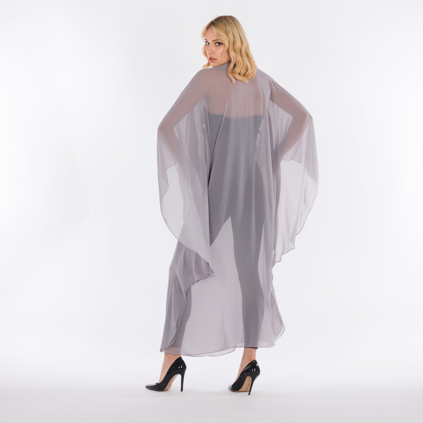 NOBLESSE - Silk Chiffon Batwing Kaftan with Handmade Crochet