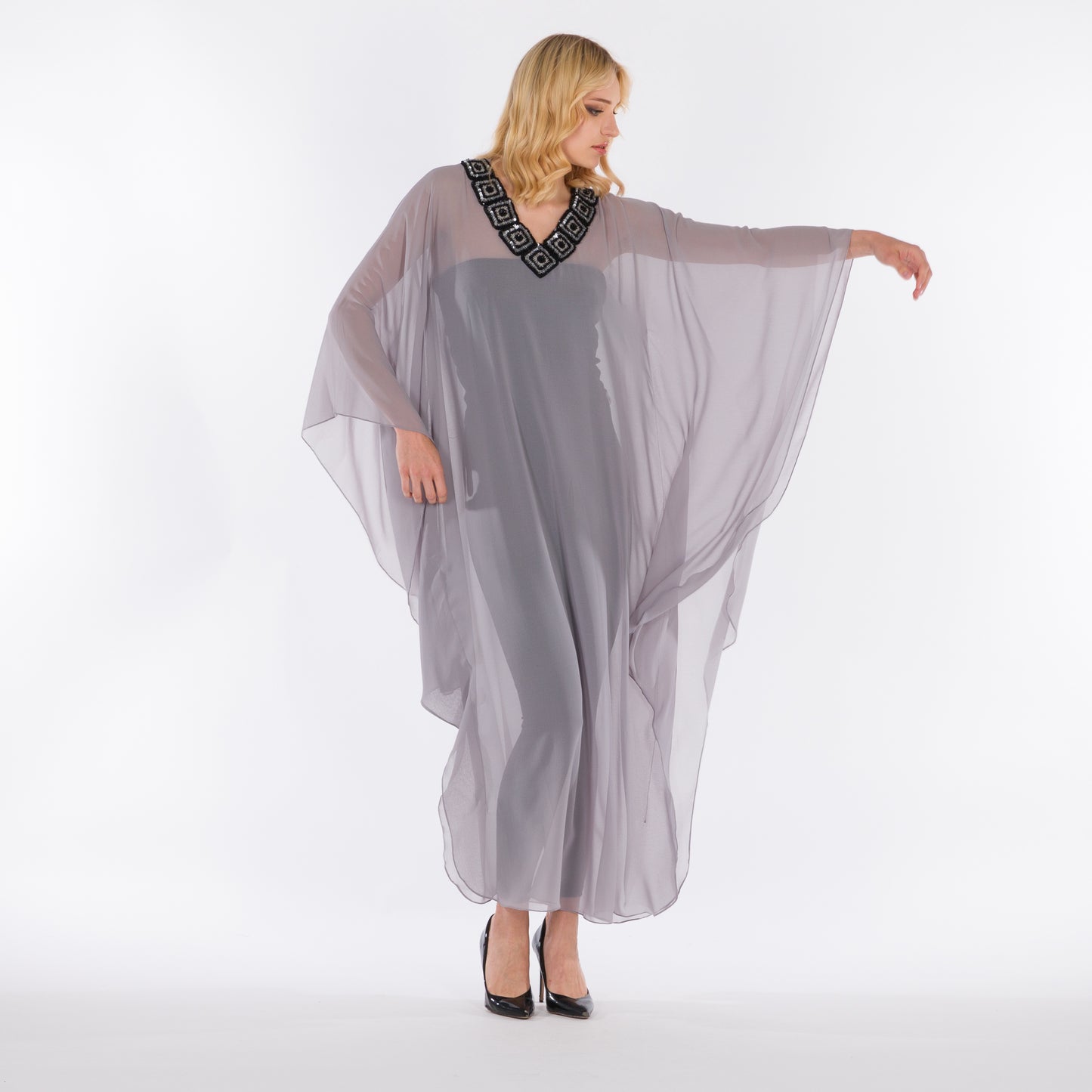NOBLESSE - Silk Chiffon Batwing Kaftan with Handmade Crochet