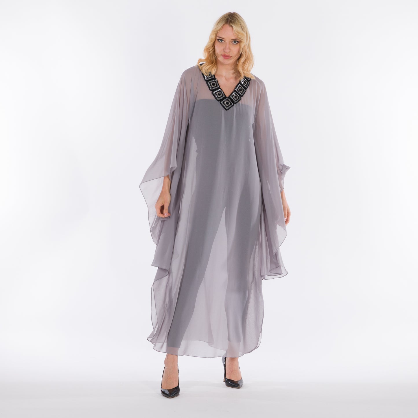 NOBLESSE - Silk Chiffon Batwing Kaftan with Handmade Crochet