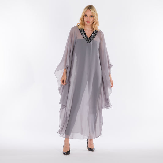 NOBLESSE - Silk Chiffon Batwing Kaftan with Handmade Crochet