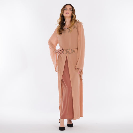 NOBLESSE - Beige Pink Chiffon Beaded Dress