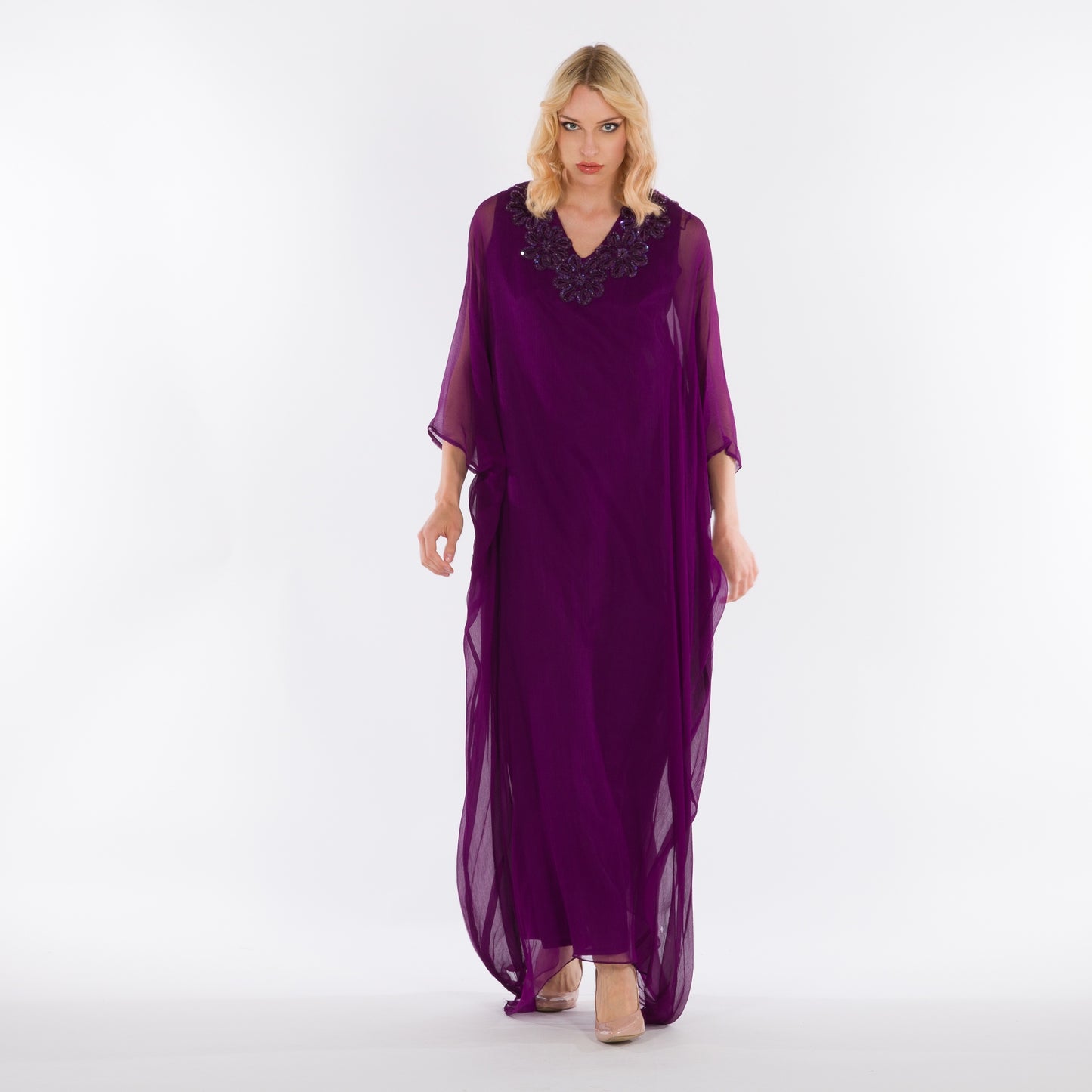 NOBLESSE - Silk Chiffon Batwing Kaftan with Handmade Crochet