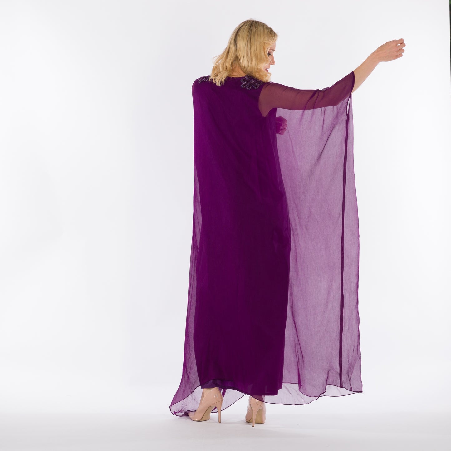 NOBLESSE - Silk Chiffon Batwing Kaftan with Handmade Crochet