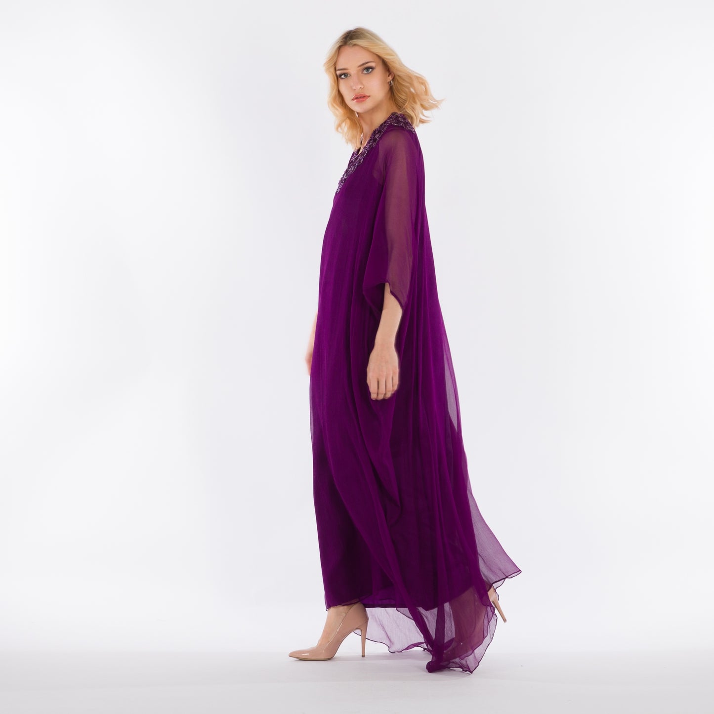 NOBLESSE - Silk Chiffon Batwing Kaftan with Handmade Crochet