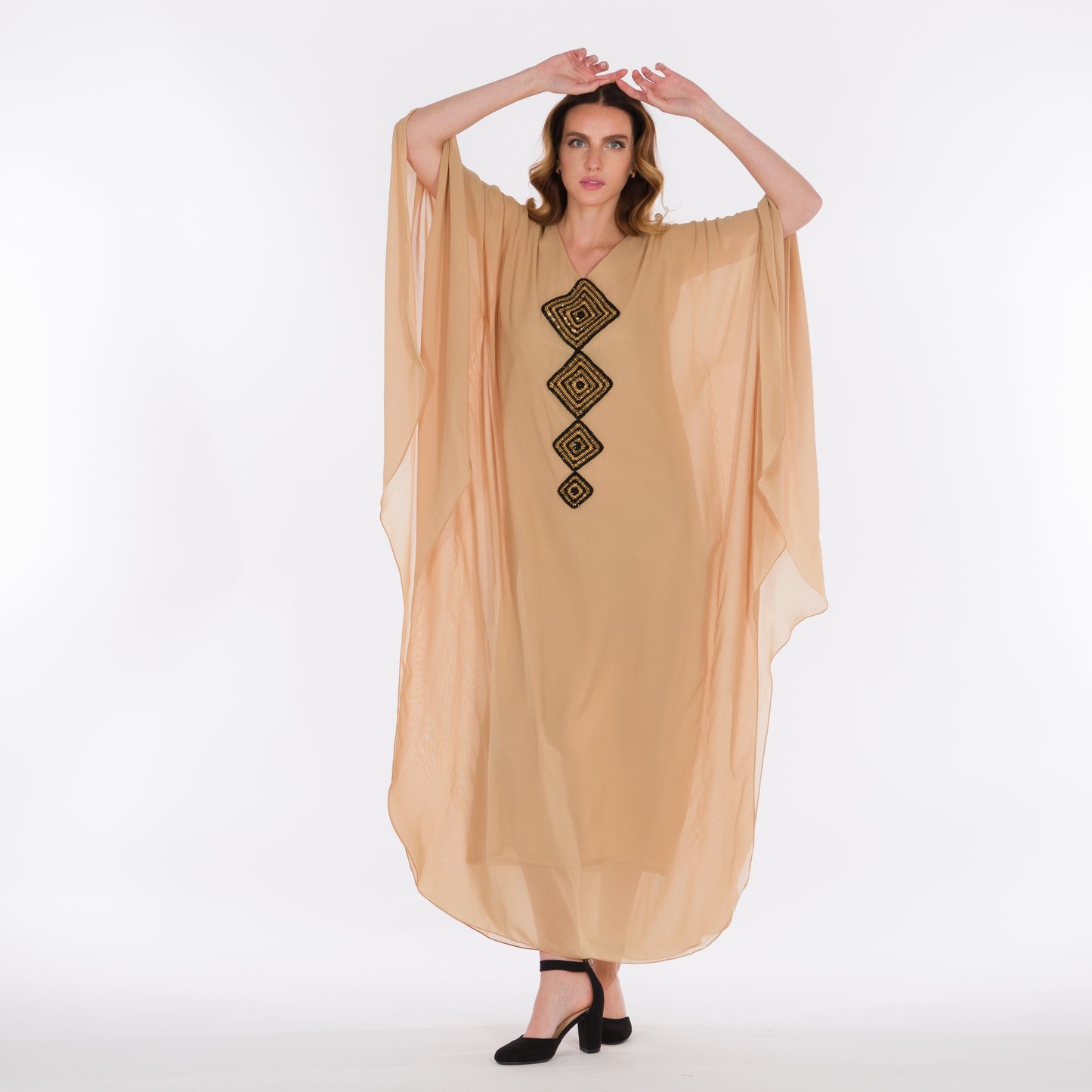 NOBLESSE - Silk Chiffon Batwing Kaftan with Handmade Crochet