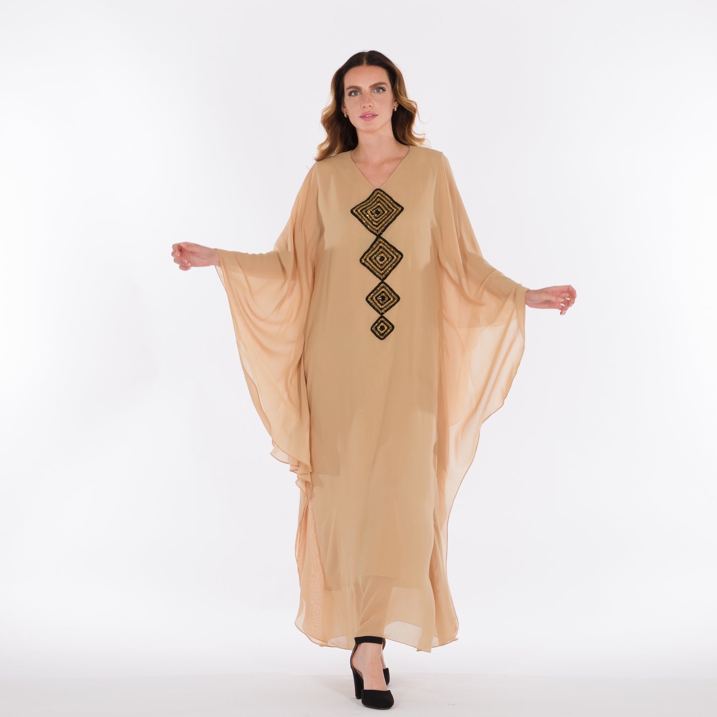 NOBLESSE - Silk Chiffon Batwing Kaftan with Handmade Crochet