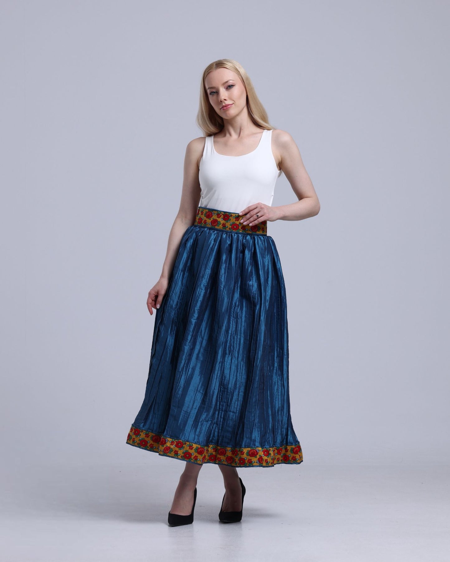 La Reine Shalky Trim Blue Midi Skirt