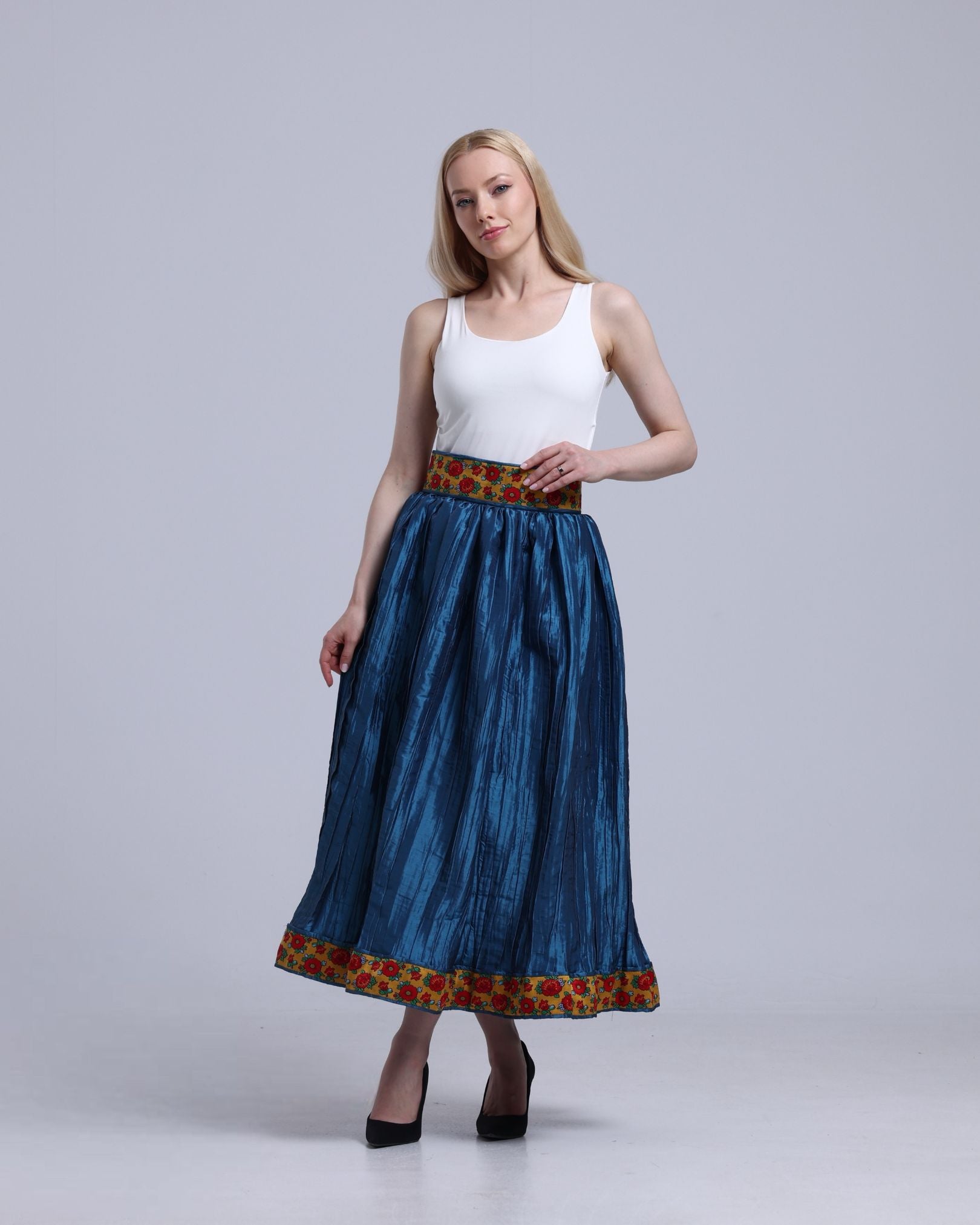 La Reine Shalky Trim Blue Midi Skirt