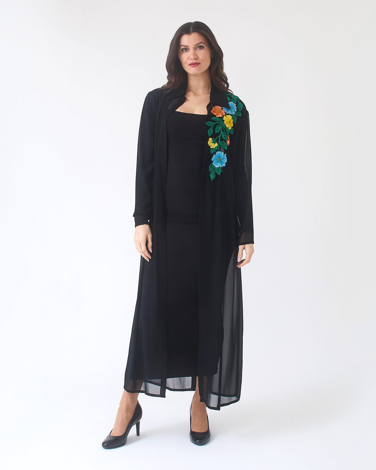 NOBLESSE - Sheer Kimono with Floral Appliqué and Crystals