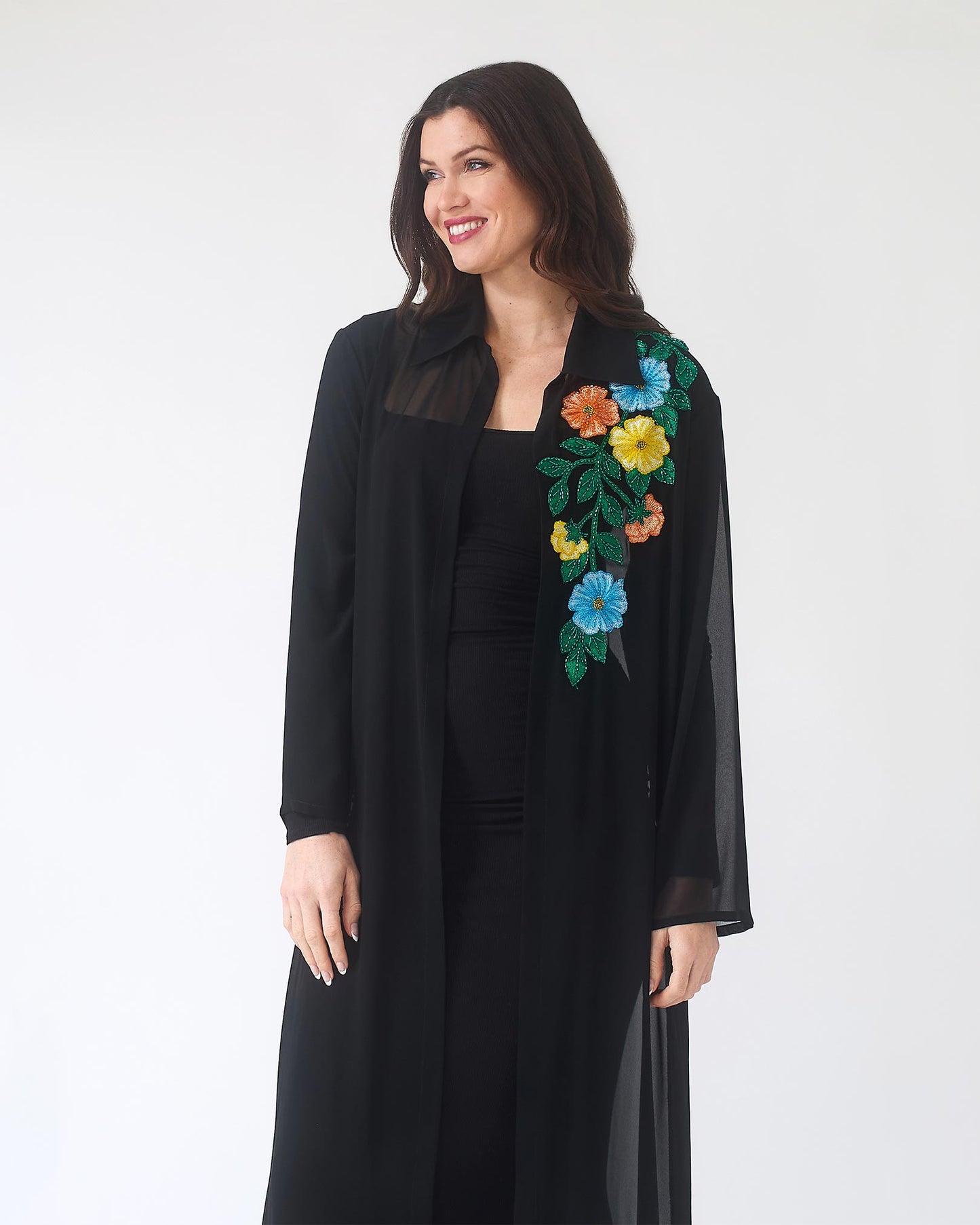 NOBLESSE - Sheer Kimono with Floral Appliqué and Crystals