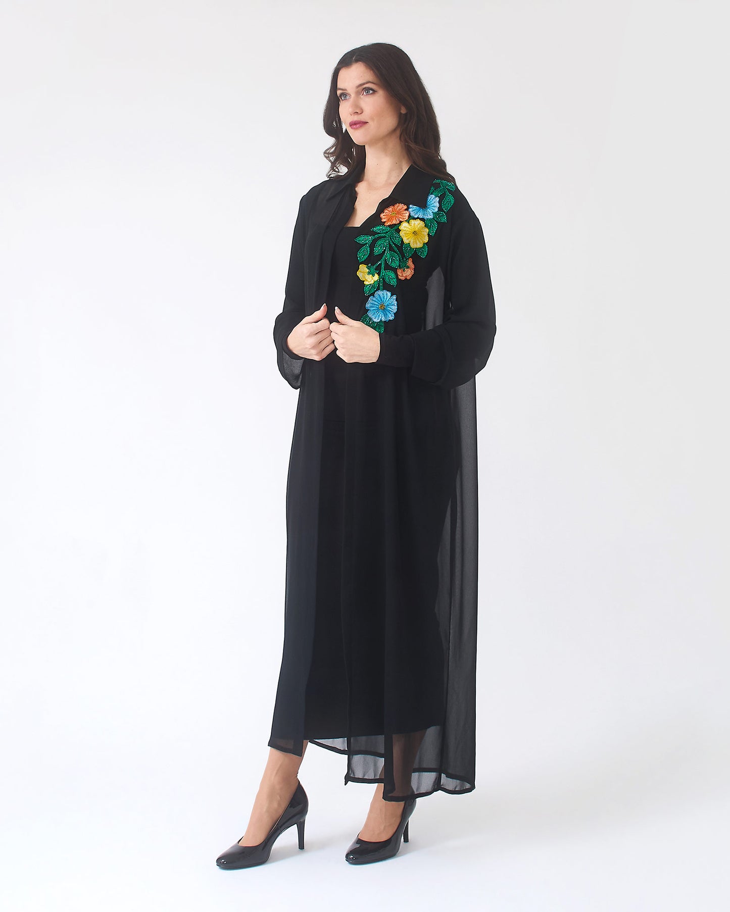 NOBLESSE - Sheer Kimono with Floral Appliqué and Crystals