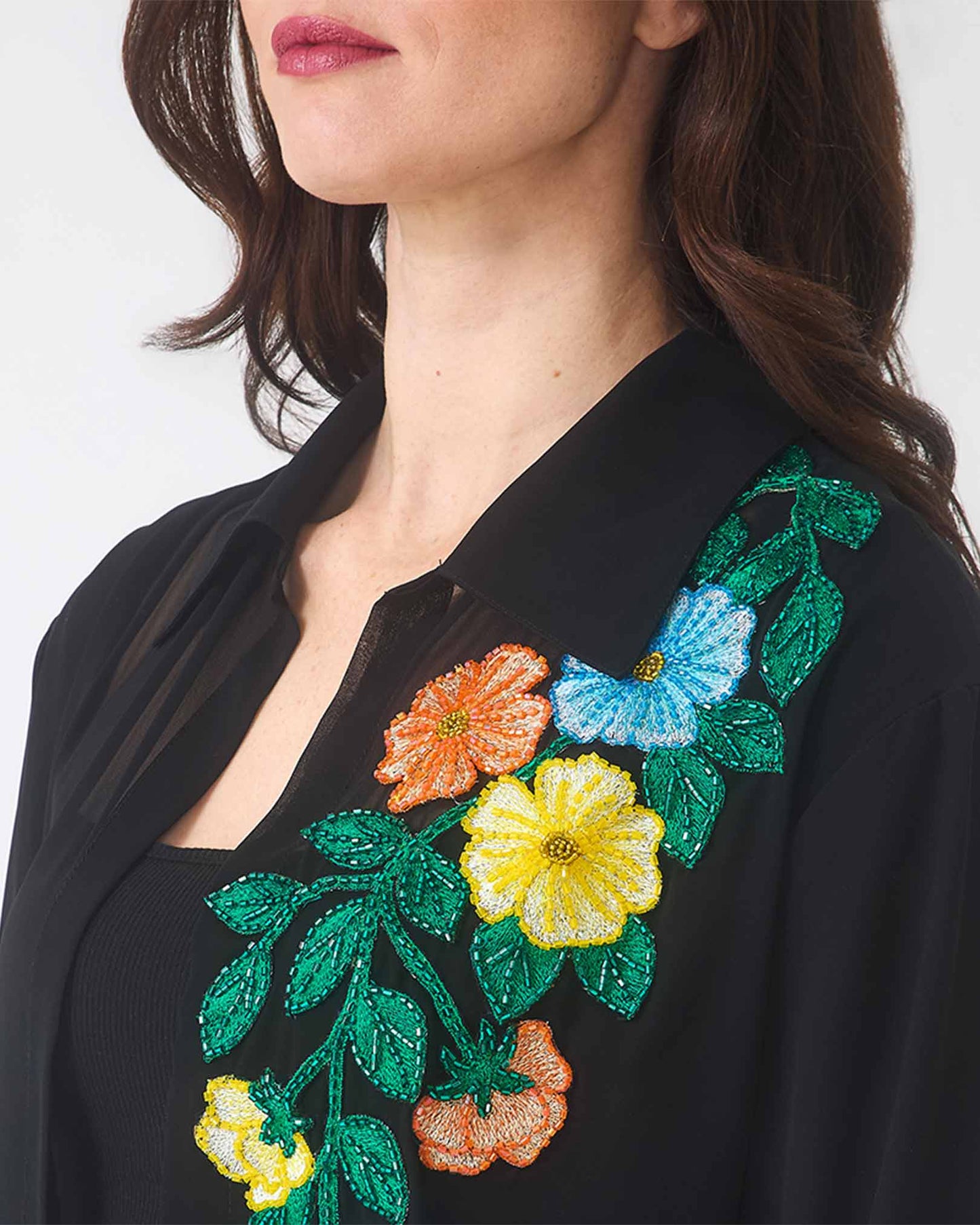 NOBLESSE - Sheer Kimono with Floral Appliqué and Crystals