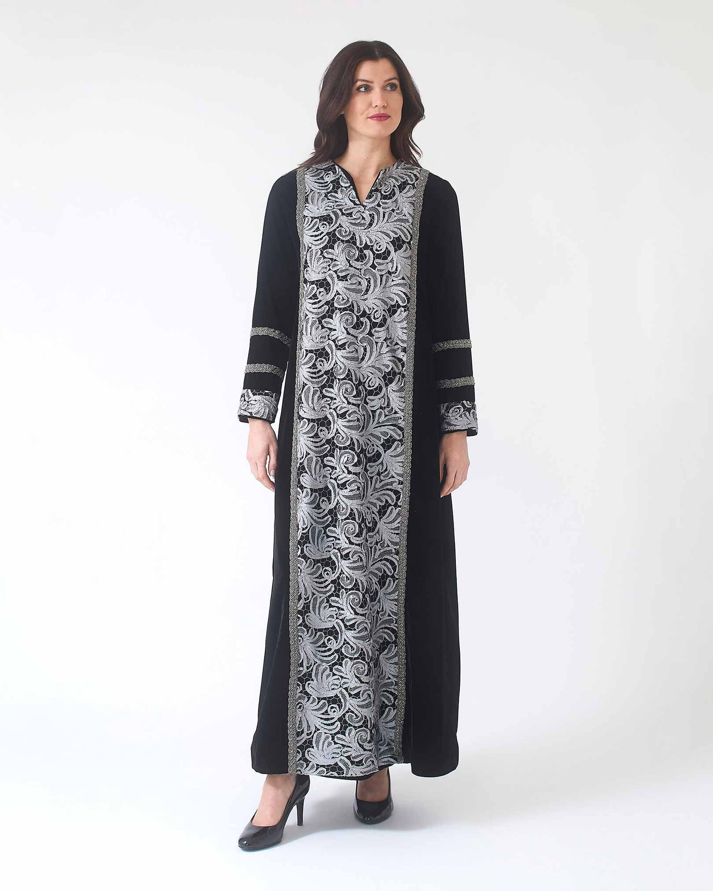 NOBLESSE - Silk Velvet Kaftan with Lace Front and Beaded Trim